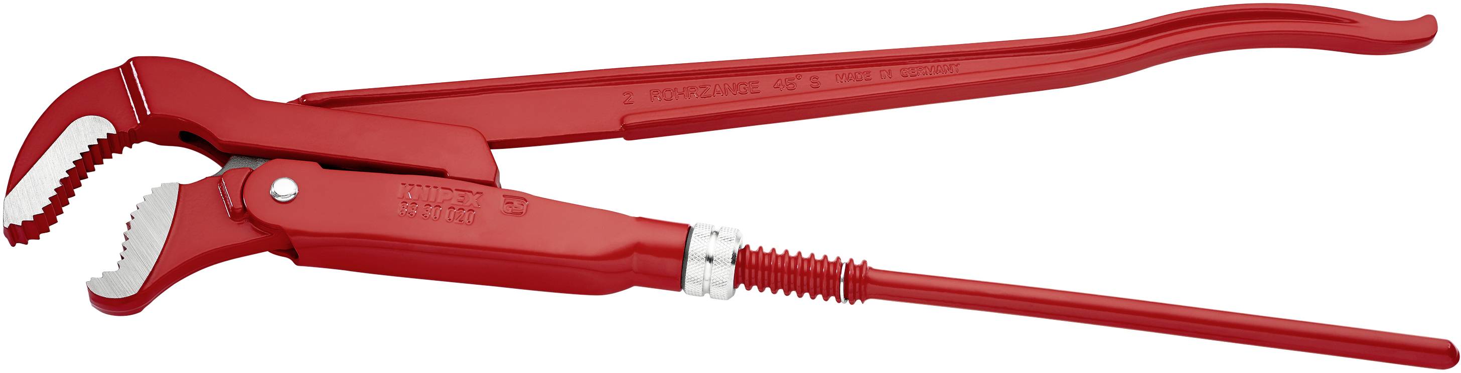 Piros vízszerelő fogó fehér háttérben. Fémes szerszám fogazott pofákkal és hosszú nyéllel, csövek megfogására alkalmas.