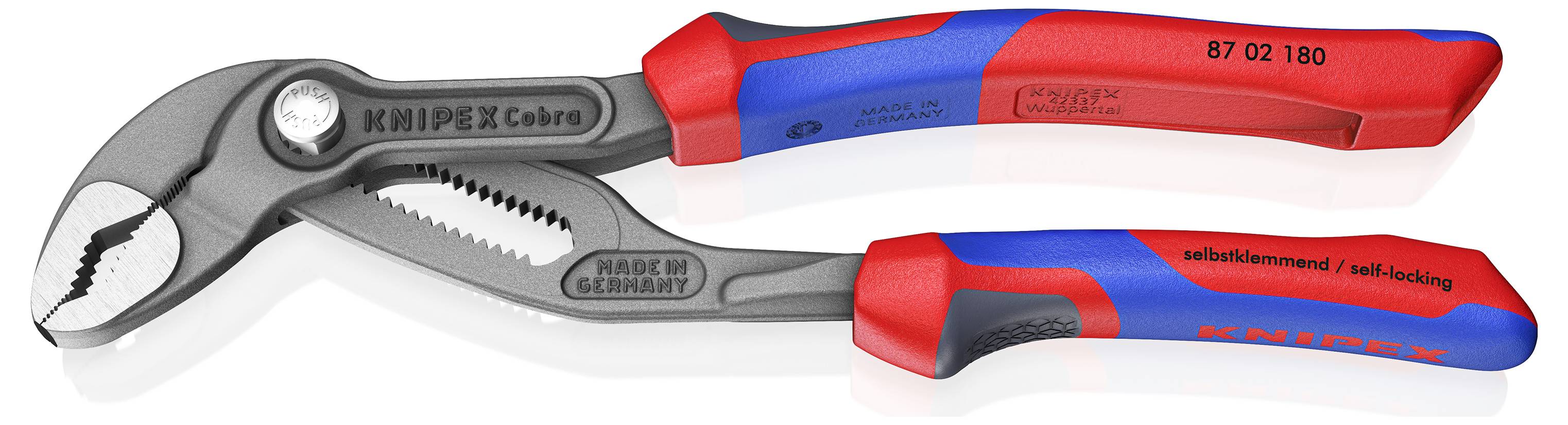 Állítható fogó piros és kék fogantyúval és bordázott szájjal, amelyen a "Knipex" felirat látható. A fogantyún szereplő szöveg "önzáró" feliratot tartalmaz.