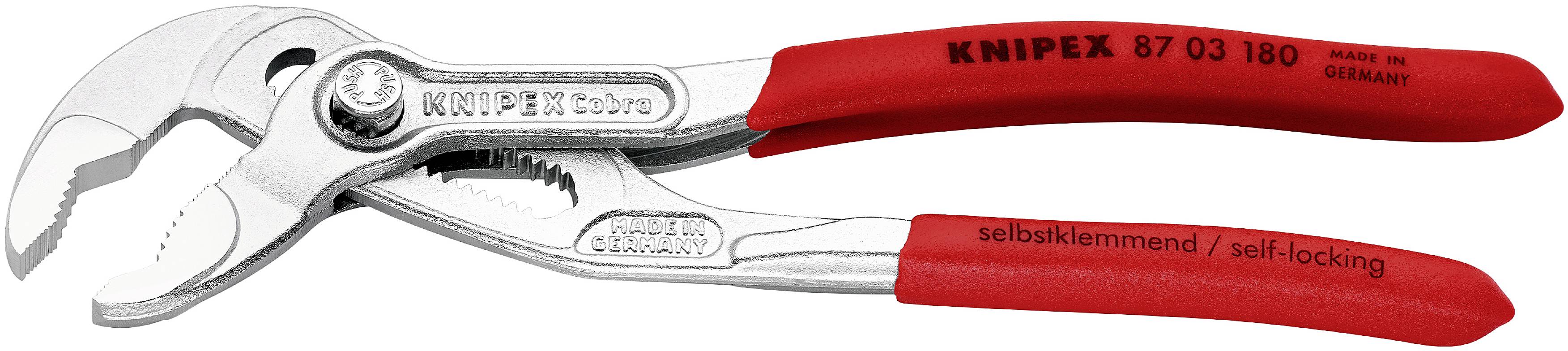 KNIPEX vízpumpa fogó piros markolattal és állítható állkapocs mechanizmussal. Modellszám: 87 03 180, gyártva Németországban.