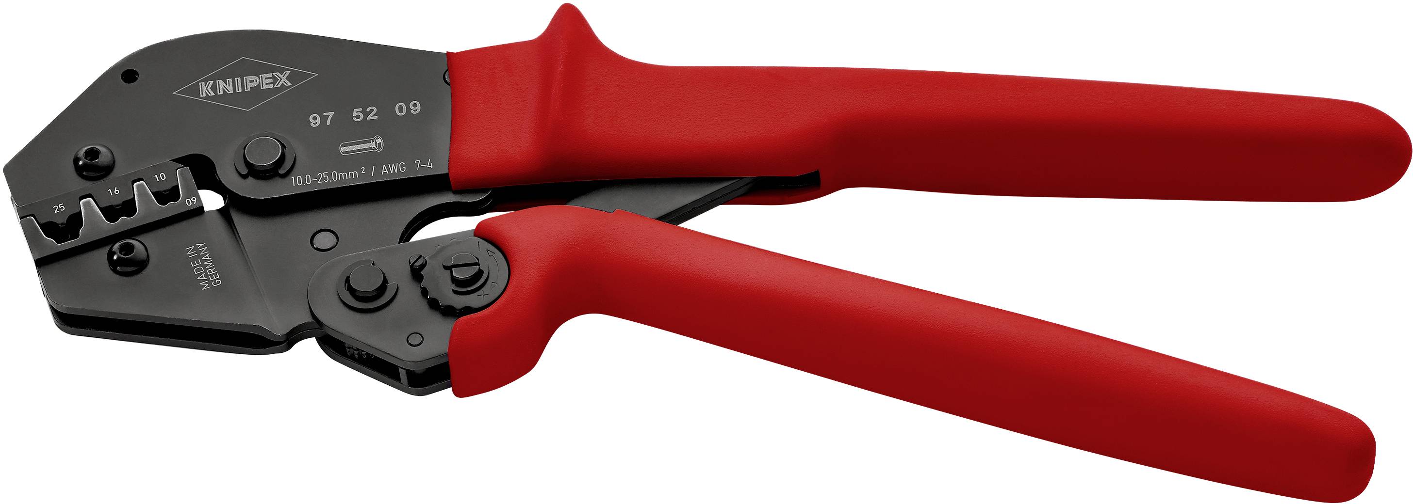 Krimpelő fogó kétkezes kezelésre is 250 mm, érvéghüvelyek, Knipex 97 52 09