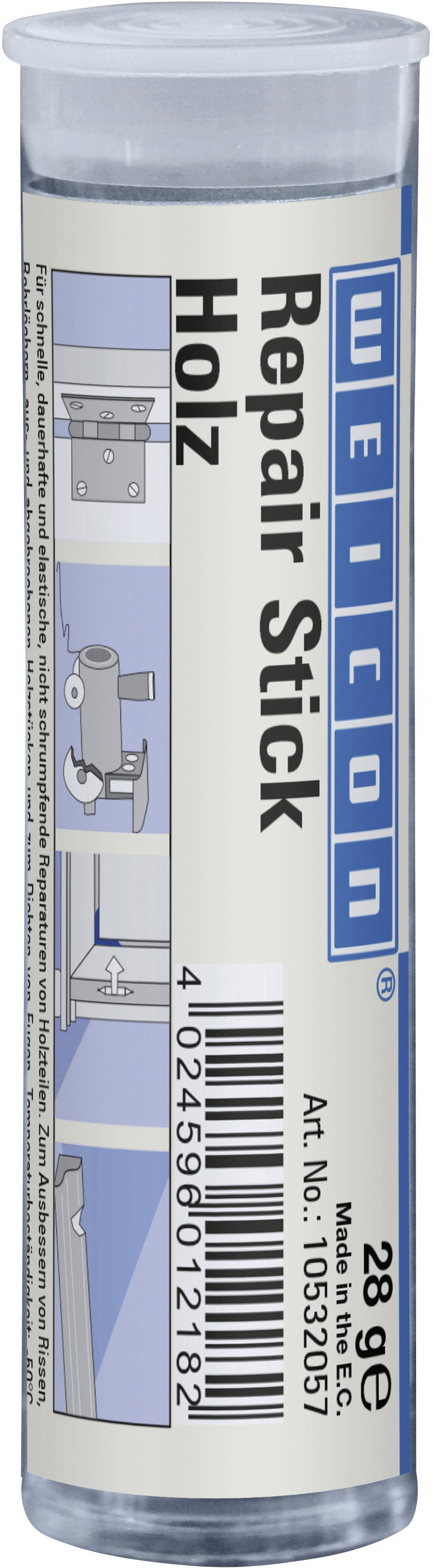 A 'Weicon Repair Stick Holz' egy 28g-os fa javítótömb. A csomagoláson alkalmazási illusztrációk és vonalkód találhatók.