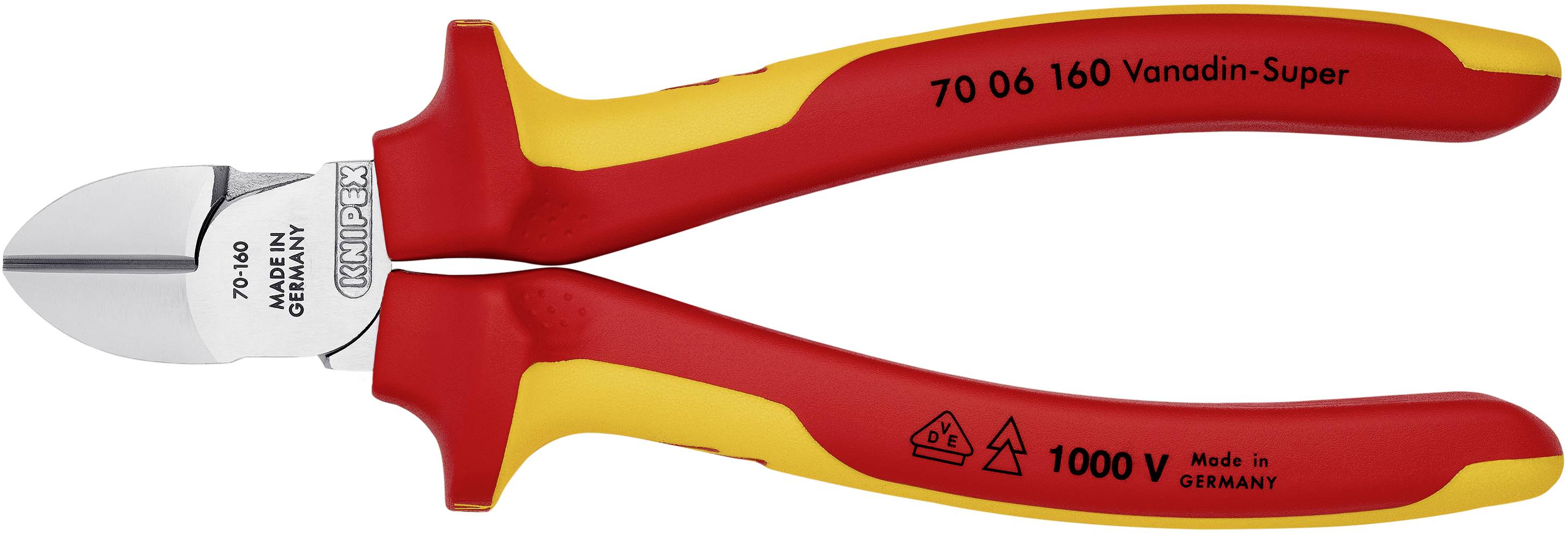 Egy piros és sárga elektronikai fogó szigetelt markolattal, '1000 V' és 'Made in Germany' jelöléssel, feszültség alatti munkákhoz alkalmas.