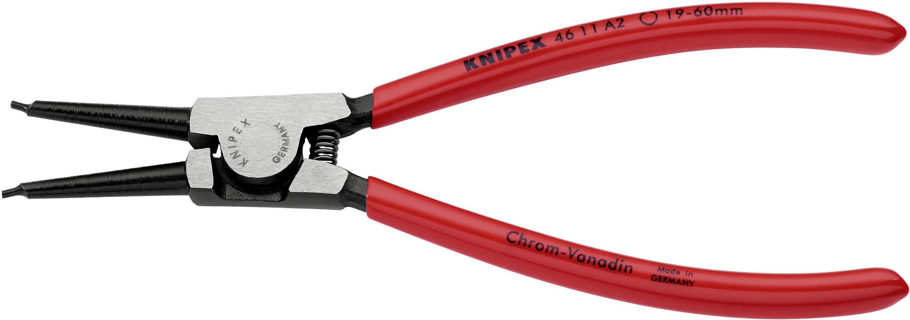 A képen egy piros Knipex seegeringfogó látható hajlított fejjel, 19-60 mm külső gyűrűkhöz alkalmazható, Németországban gyártva.