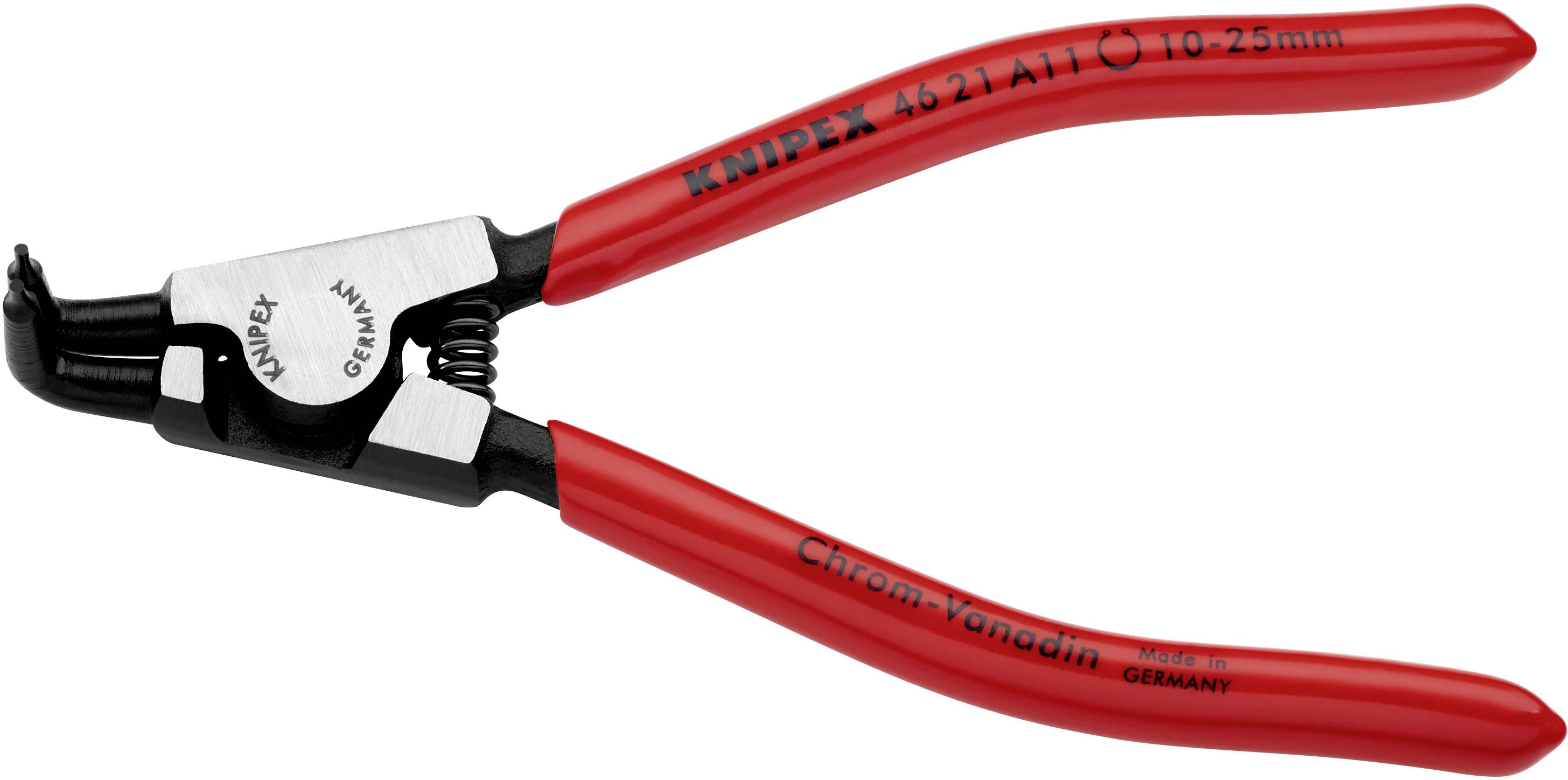 Vörös Knipex kábelvágó fekete vágórésszel. A markolatokon felirat: 'Króm-vanádium', 'Made in Germany'.
