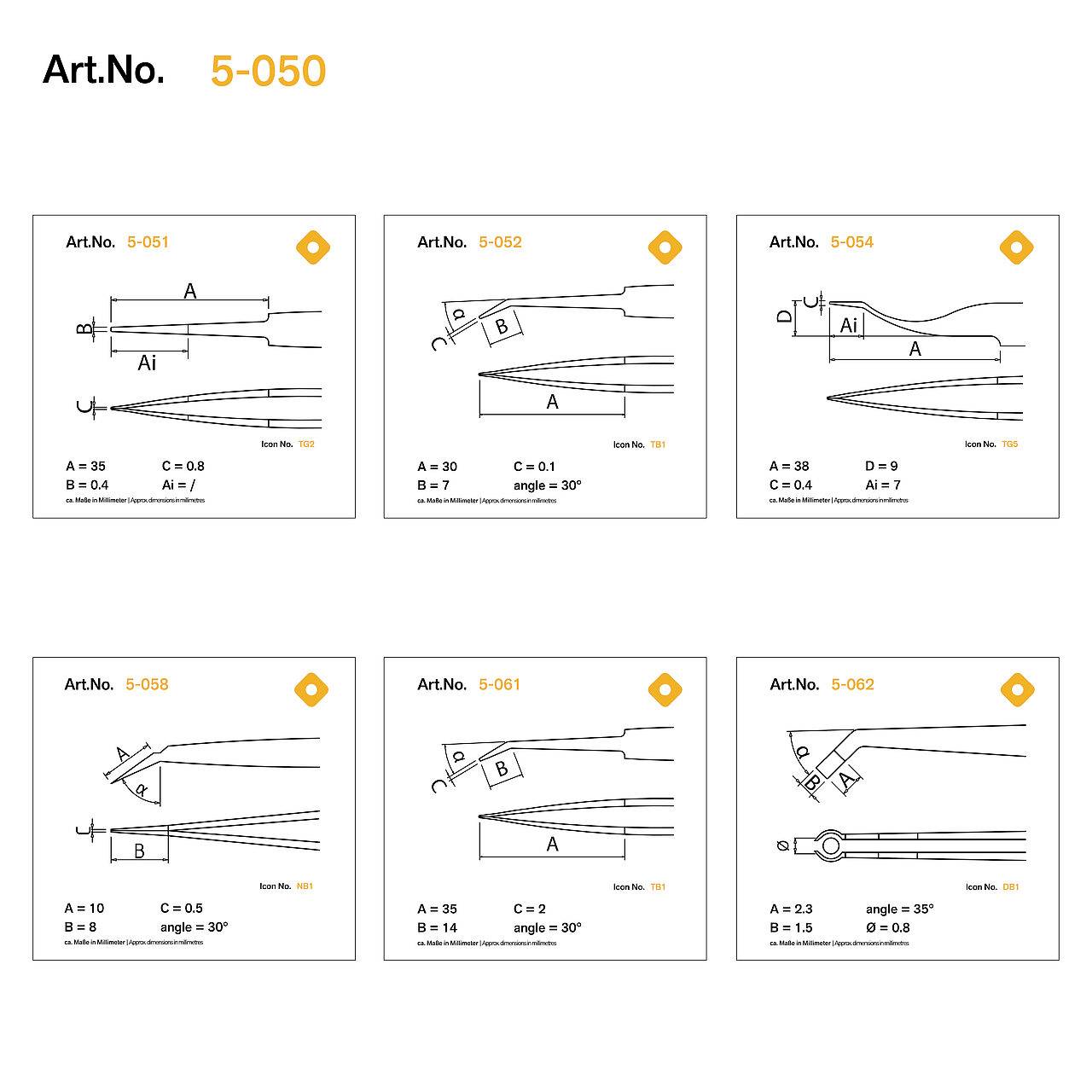 '5-050. sz. cikk' részletes műszaki rajzai, amelyek hat különböző tétel méreteit és szögeit mutatják, amelyek 5-051-től 5-062-ig vannak címkézve.