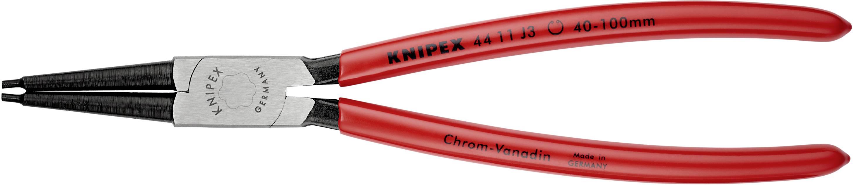 Piros Knipex seegergyűrű fogó fekete, recézett hegyekkel, alkalmas 40-100 mm átmérőjű gyűrűkhöz, króm-vanádium acélból.