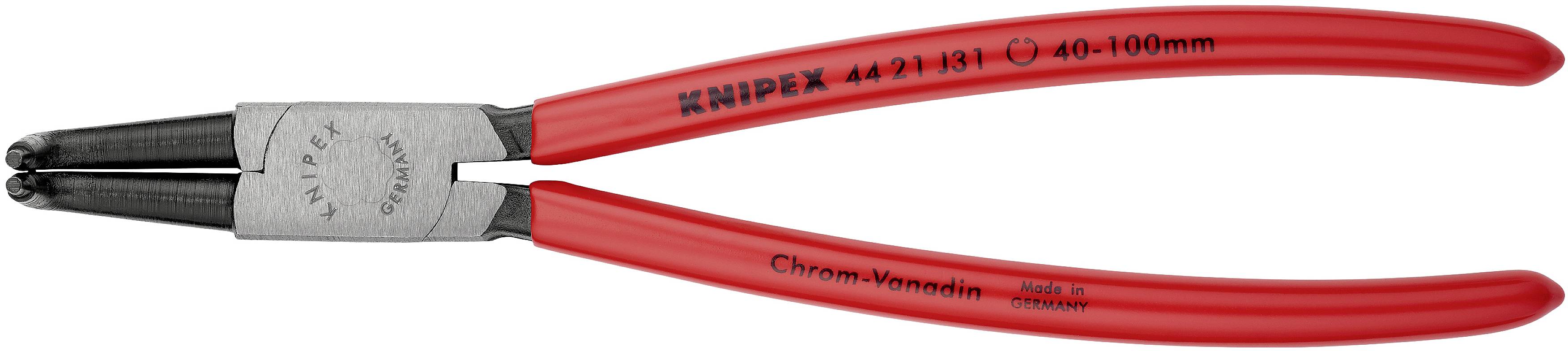 Egy piros seegergyűrű fogó 'Knipex 4421 J3 40-100mm' és 'Króm-vanádium' felirattal. Alkalmas seegergyűrűk szereléséhez.