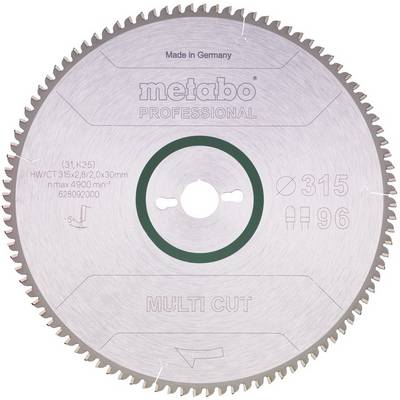 Metabo Professional 'Multi Cut' körfűrészlap, amelyen „Made in Germany" (Németországban készült) felirat látható, Ø315 átmérővel, 96 foggal és egyéb specifikációk nyomtatva a pengén.