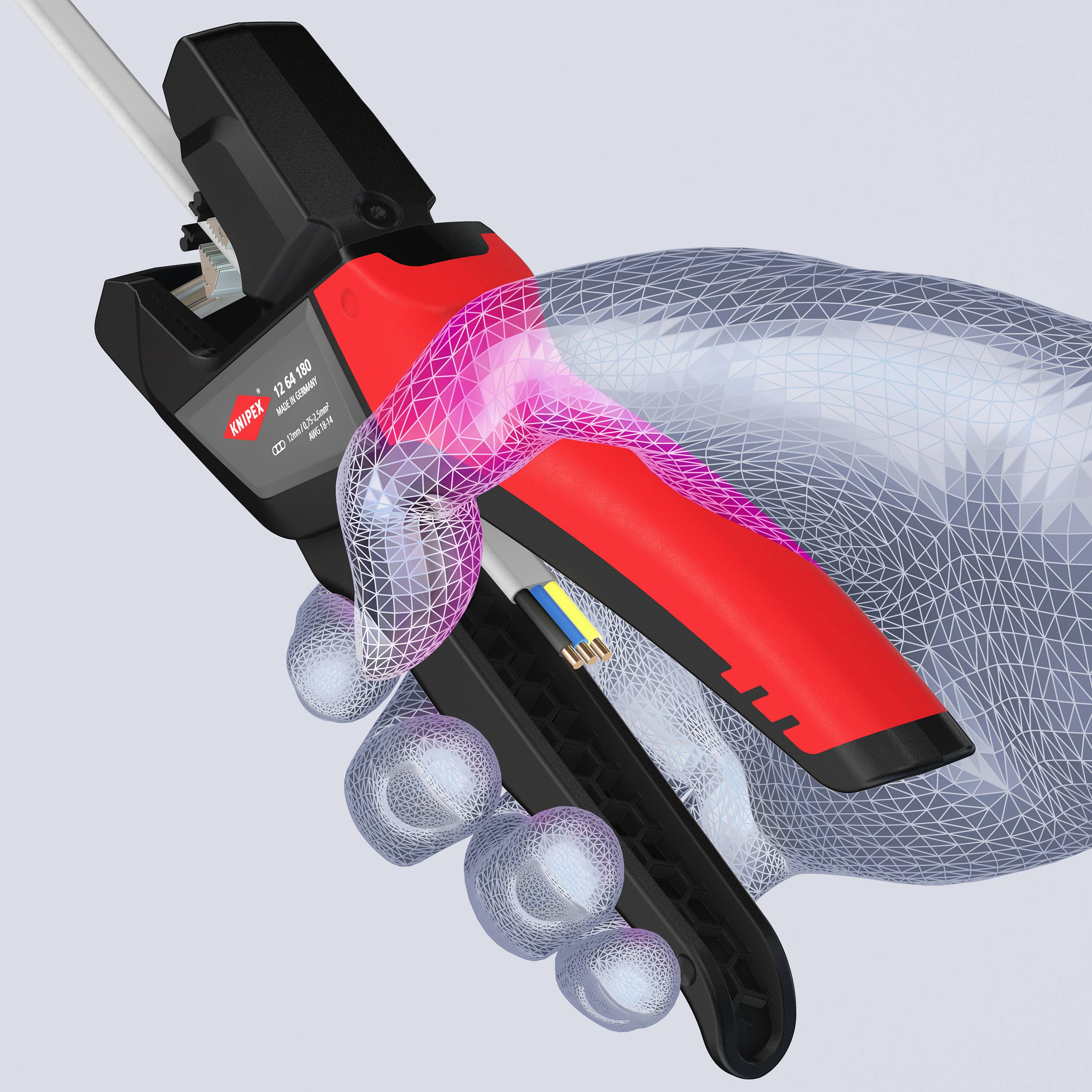 Számítógépen generált grafika egy szerszámnyélről anatómiai kéz-ábrázolással ergonómiai illusztrációhoz.