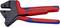 Egy piros és kék Knipex típusú krimpfogó, 97 43 200-as modellszámmal, kifejezetten kábelsaruk és csatlakozók szerelésére tervezve.