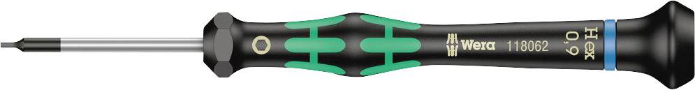 Egy fekete csavarhúzó zöld markolattal, amelyen a markolaton 'Wera' felirat látható.