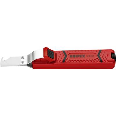 Egy vörös csupaszítókés ergonomikus markolattal és horoggal ellátott pengével, amely kábelek csupaszítására alkalmas.