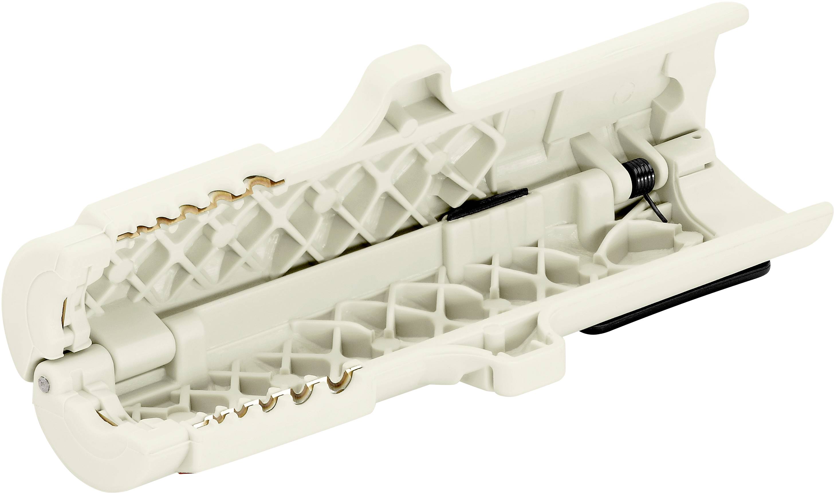 Egy fehér kábelvezető csatorna, keresztmetszetben ábrázolva, belső hálós dizájnnal és rögzítőmechanizmussal, kábelek rendezéséhez és elrejtéséhez.