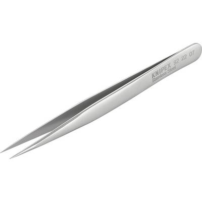 Egy vékony, hegyes végű rozsdamentes acél csipesz ezüstös színben. Az oldalán 'KNIPEX Stainless Steel 92 22 07' felirat olvasható.