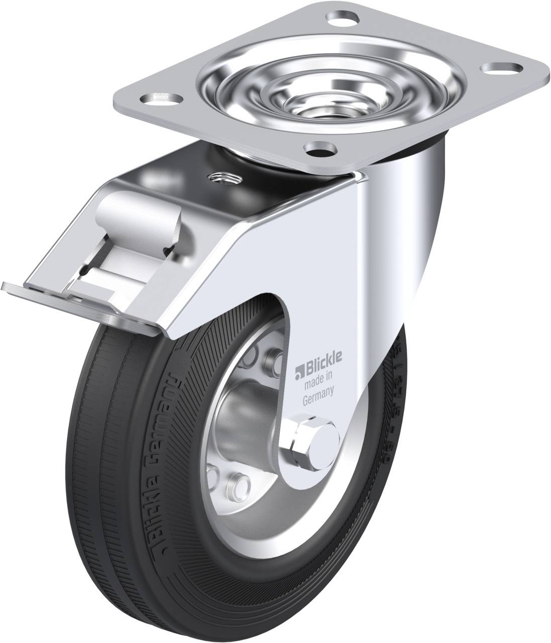 Gumi kerék, acéllemez forgóvillás, kerékfékkel 125MM,felfogótalppal