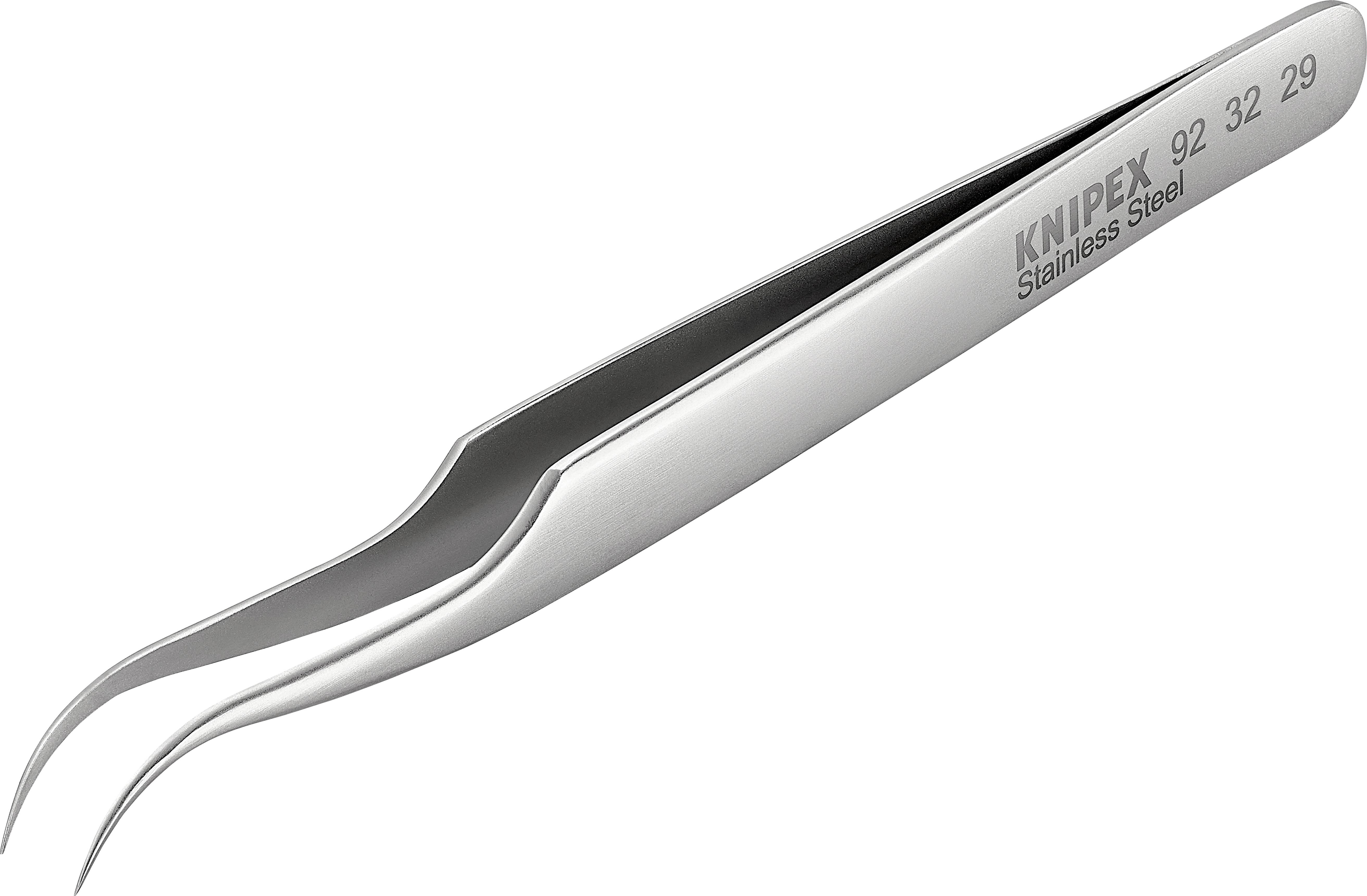 Kiváló minőségű, hajlított rozsdamentes acél csipesz 'KNIPEX Stainless Steel 92 32 29' felirattal, precíziós munkákhoz alkalmas.