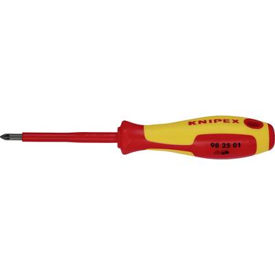 Egy sárga-piros Phillips-csavarhúzó Knipex márkájú, szigetelt nyéllel, '98 25 01' típusszámmal, elektromos munkákhoz alkalmas.