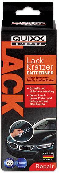 Egy 'Quixx Fényezési Karcolás Eltávolító' csomag, egy 2 lépéses rendszer autólakk karcolások és festéknyomok eltávolítására.