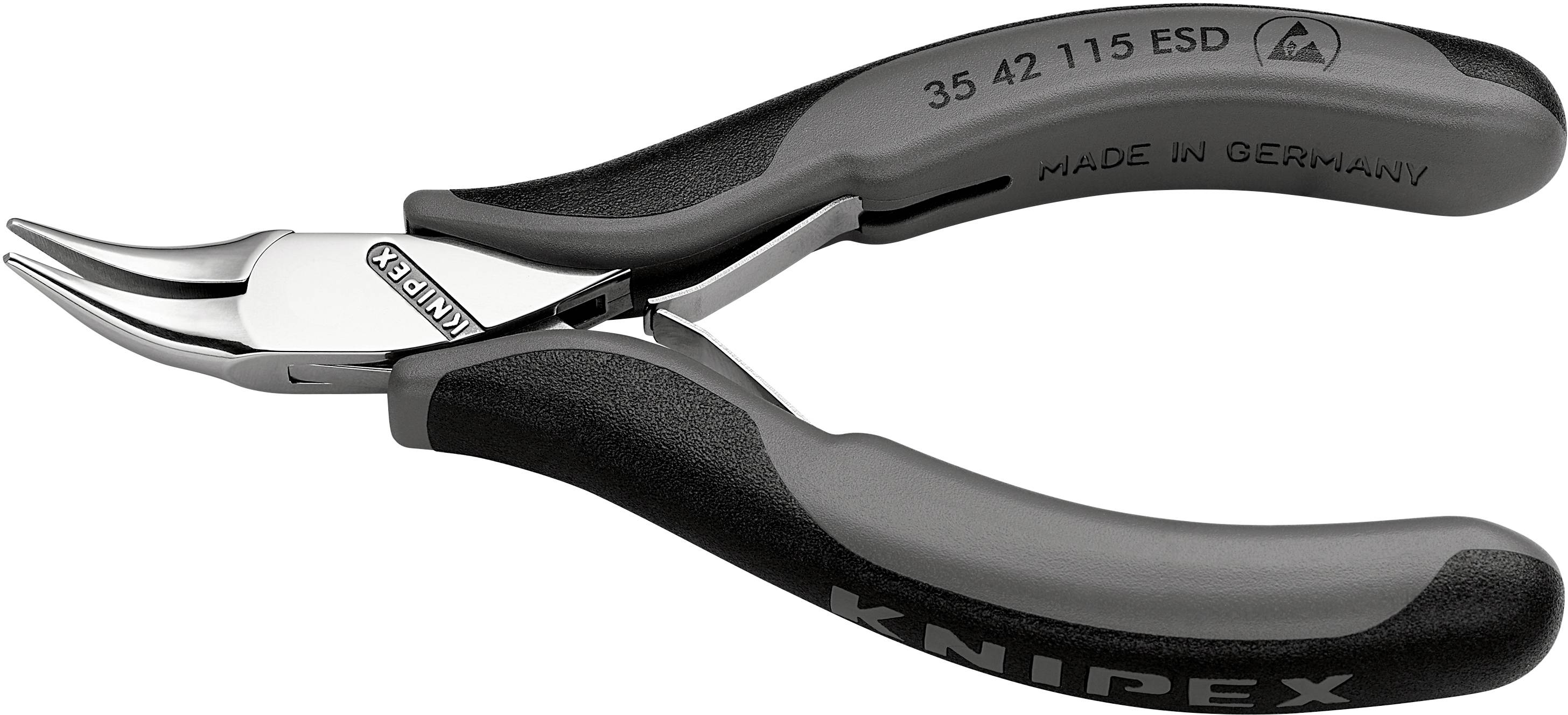 'Knipex precíziós fogó, hajlított hegyekkel, kis méretű szerszám, formázott szürke markolattal, acél szerkezettel, "Made in Germany" felirattal.'