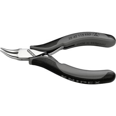 'Knipex precíziós fogó, hajlított hegyekkel, kis méretű szerszám, formázott szürke markolattal, acél szerkezettel, "Made in Germany" felirattal.'