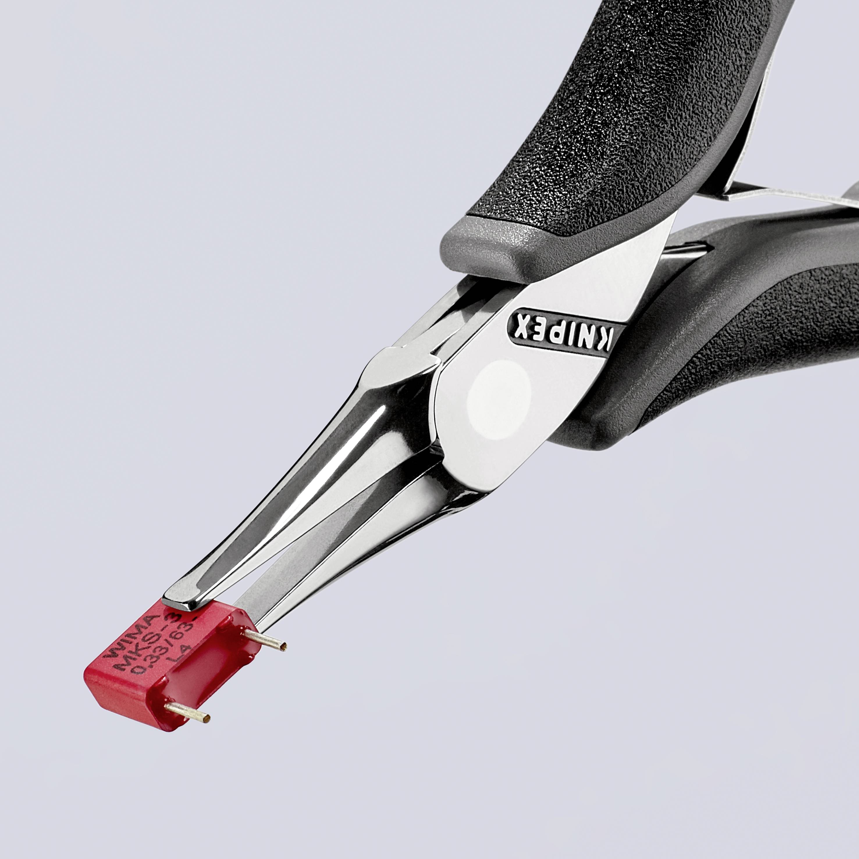 Vörös vágóélű és fekete markolatú fogó, amelyen a 'Knipex' jelzés látható. Drótok vagy kábelek vágására használják.