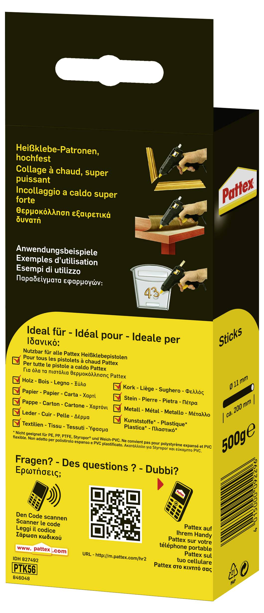 Pattex forró ragasztórúd csomag, kiemelve a rendkívül erős tapadóképességet. Tartalmaz egy ragasztópisztolyt és egy fa tárgyat ábrázoló grafikát, szöveg több nyelven.