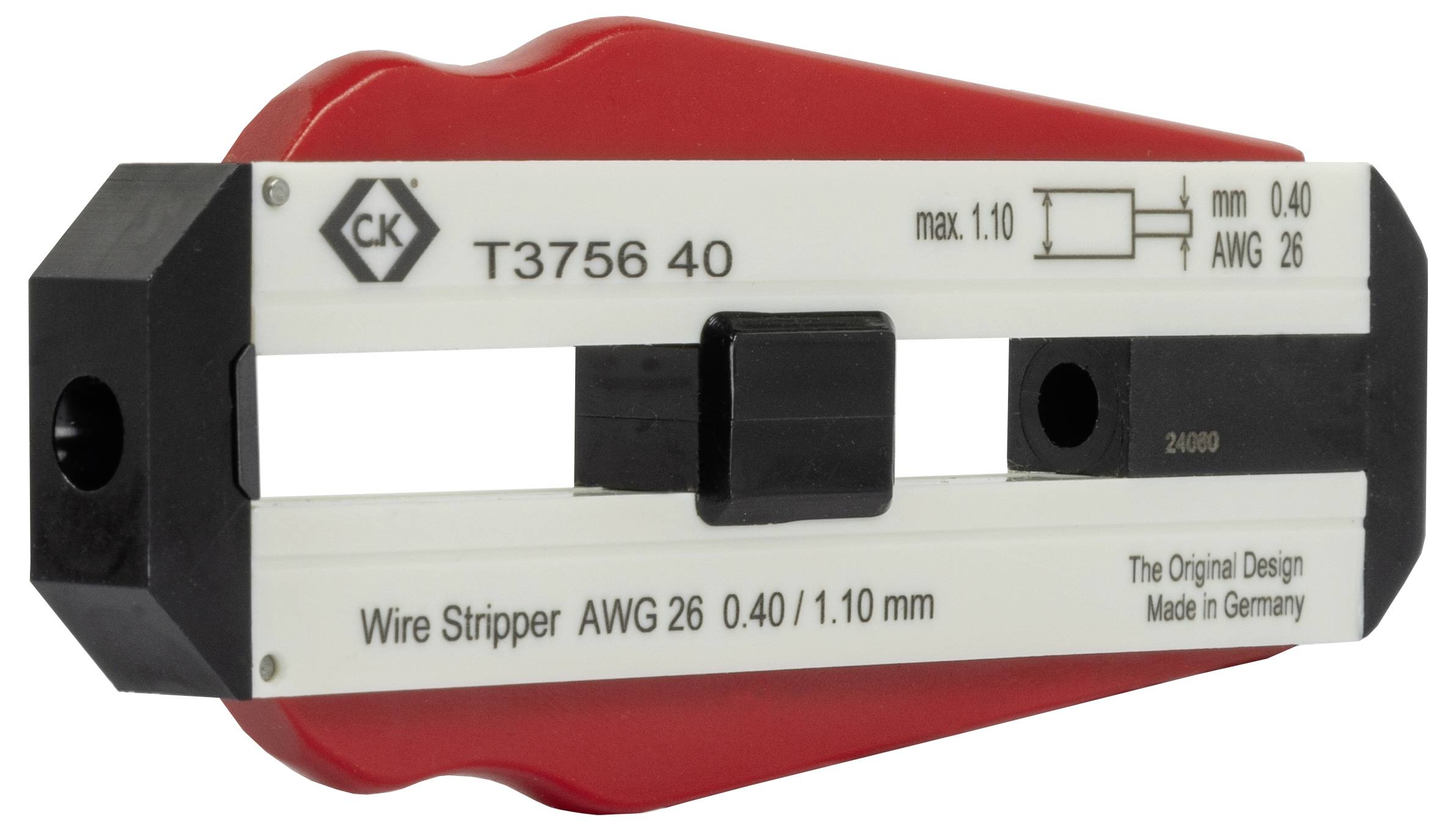 Kábelcsupaszító fogó: 'T3756 40' modell a CK-tól, alkalmas 0,40-1,10 mm (AWG 26) átmérőjű kábelek csupaszítására, Németországban gyártva.