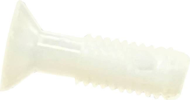 Egy fehér, lapos fejű, menetes testű műanyag csavar, amelyet anyagok vagy alkatrészek összekapcsolásának rögzítésére terveztek.