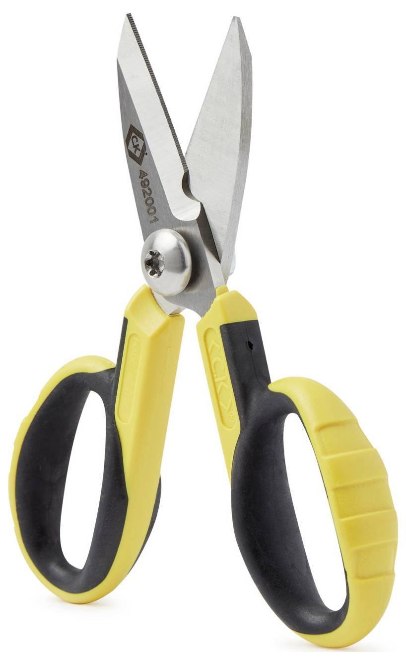 Sárga és fekete olló rozsdamentes acél pengékkel, alkalmas különféle vágási munkálatokhoz otthon vagy irodában.