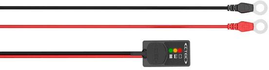 'CE-LD' akkumulátor-csatlakozókábel két kábellel, piros és fekete, valamint egy kijelzőegységgel, amely zöld, sárga és piros LED-del rendelkezik.