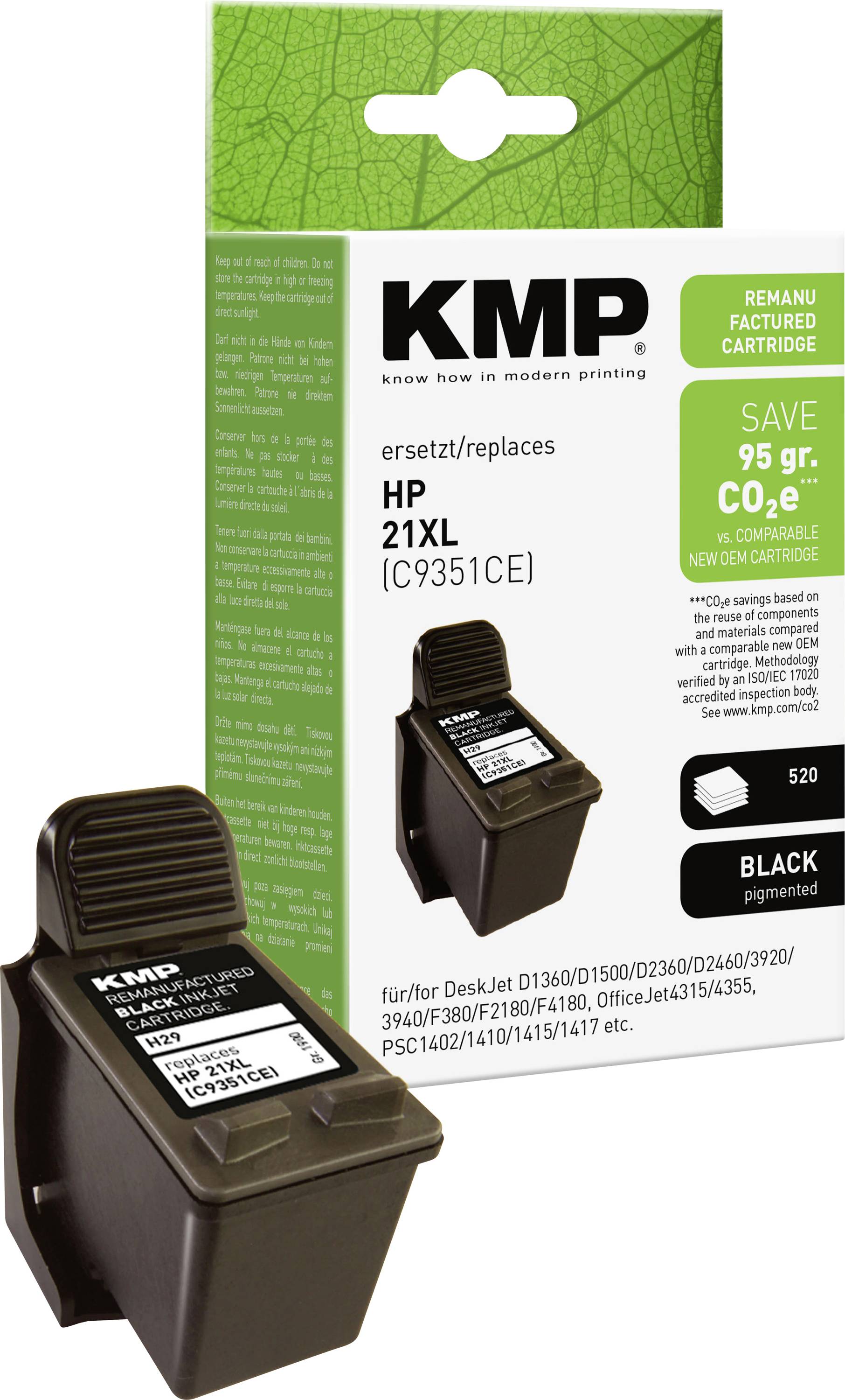 KMP cserepatron fekete tintához HP 21XL (C9351CE), csomagolásával együtt megjelenítve.