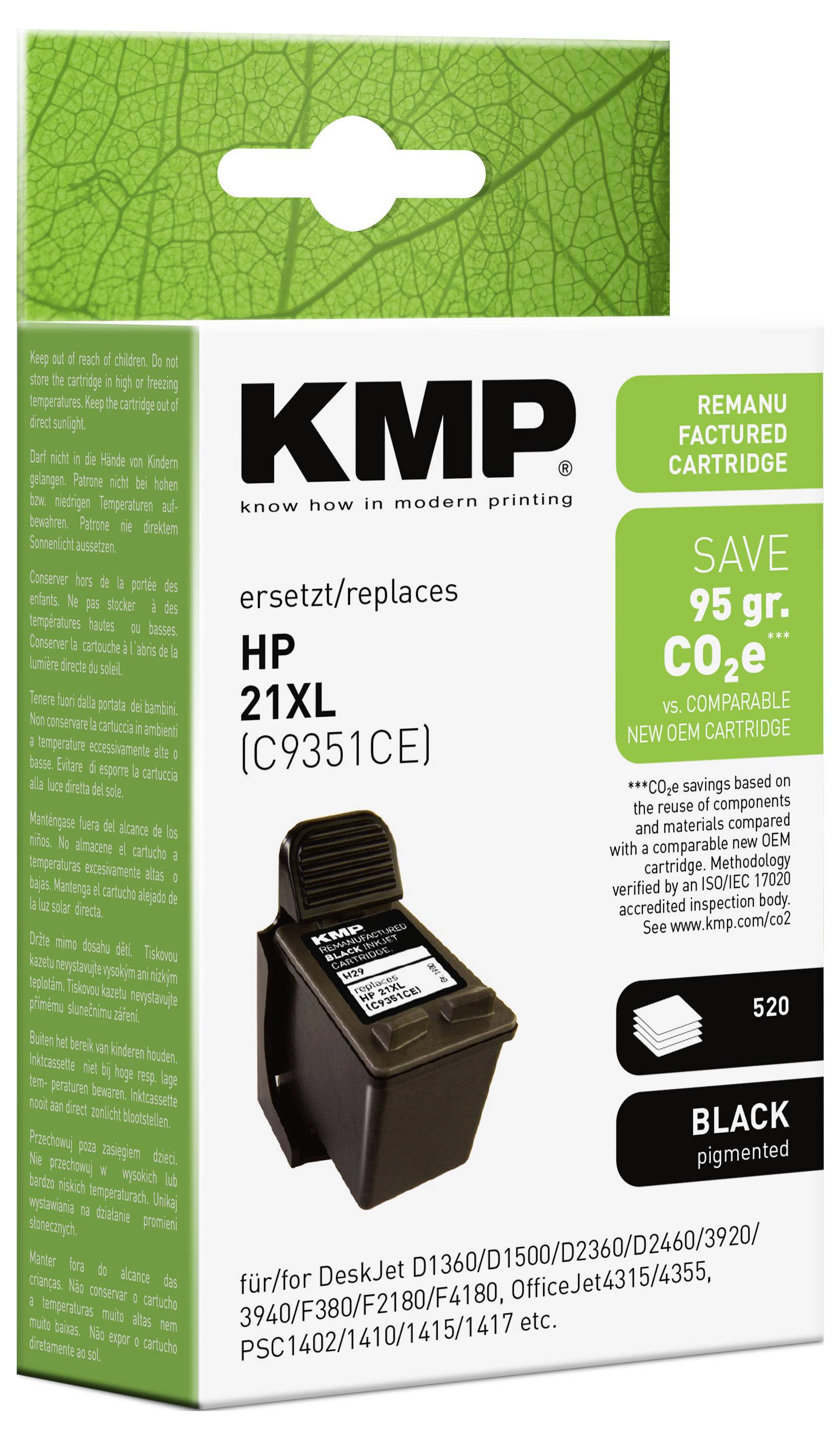KMP helyreállított fekete tintapatron csomagolása, amely felváltja a HP 21XL-t (C9351CE), 95 g CO2e megtakarítást biztosít, kompatibilis az OfficeJet és DeskJet nyomtatókkal.