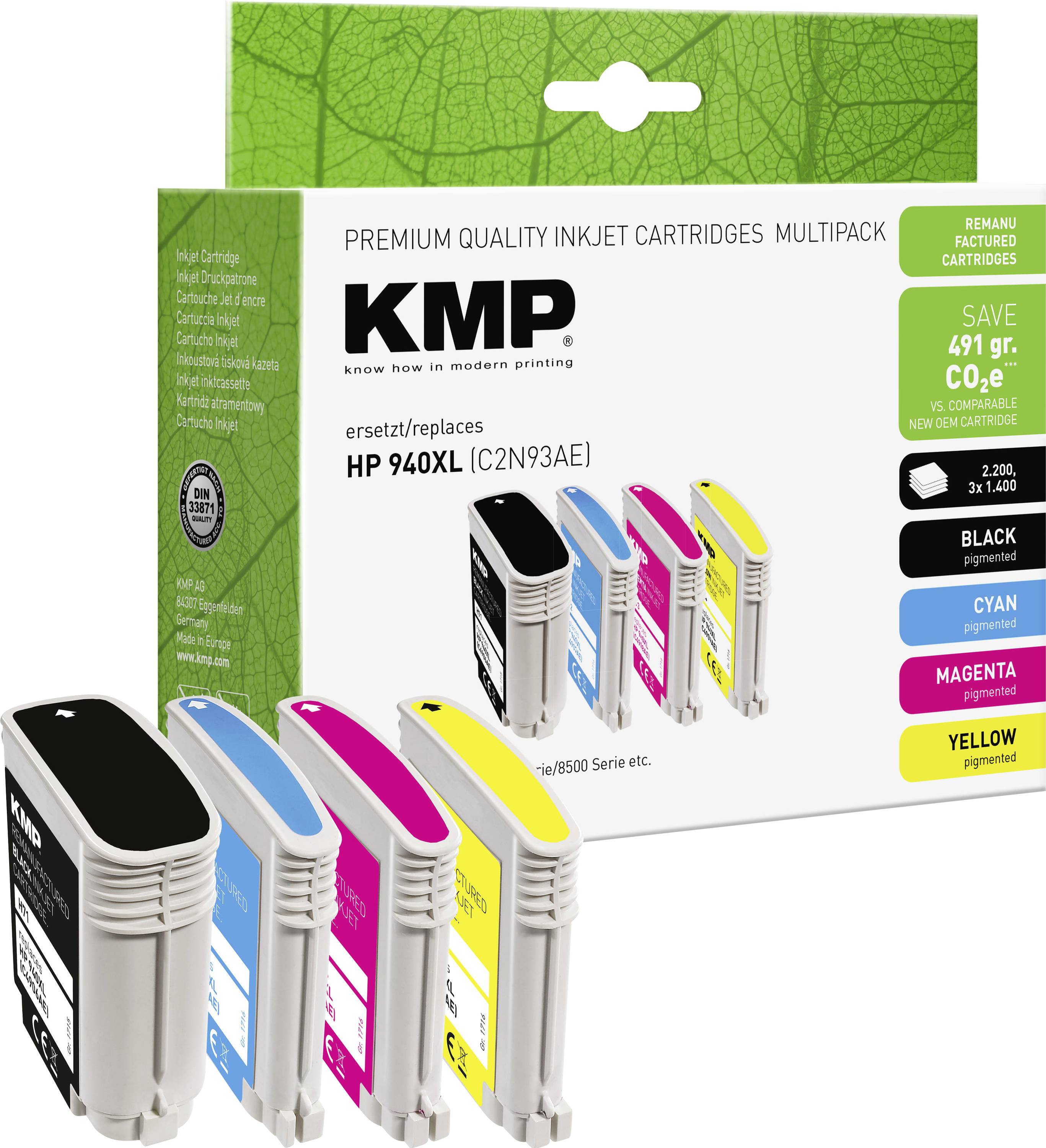 KMP multipack tintasugarú patron HP 940XL-hez, fekete, cián, magenta és sárga cserepatronokkal és "49% megtakarítás" felirattal.