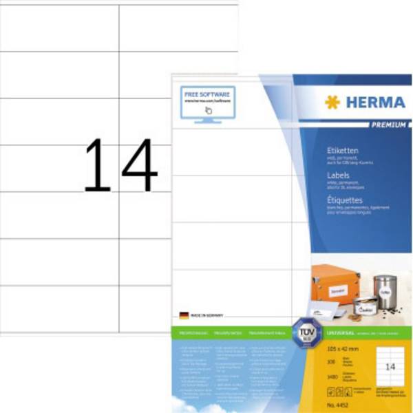 Herma 4452 Univerzális etikett 105 x 42 mm Papír Fehér 1400 db Véglegesen tapadó Tintasugaras nyomtató, Lézernyomtató, Színes lézernyomtatás, Másoló, Színes fénymásolás, Kézi feliratozás
