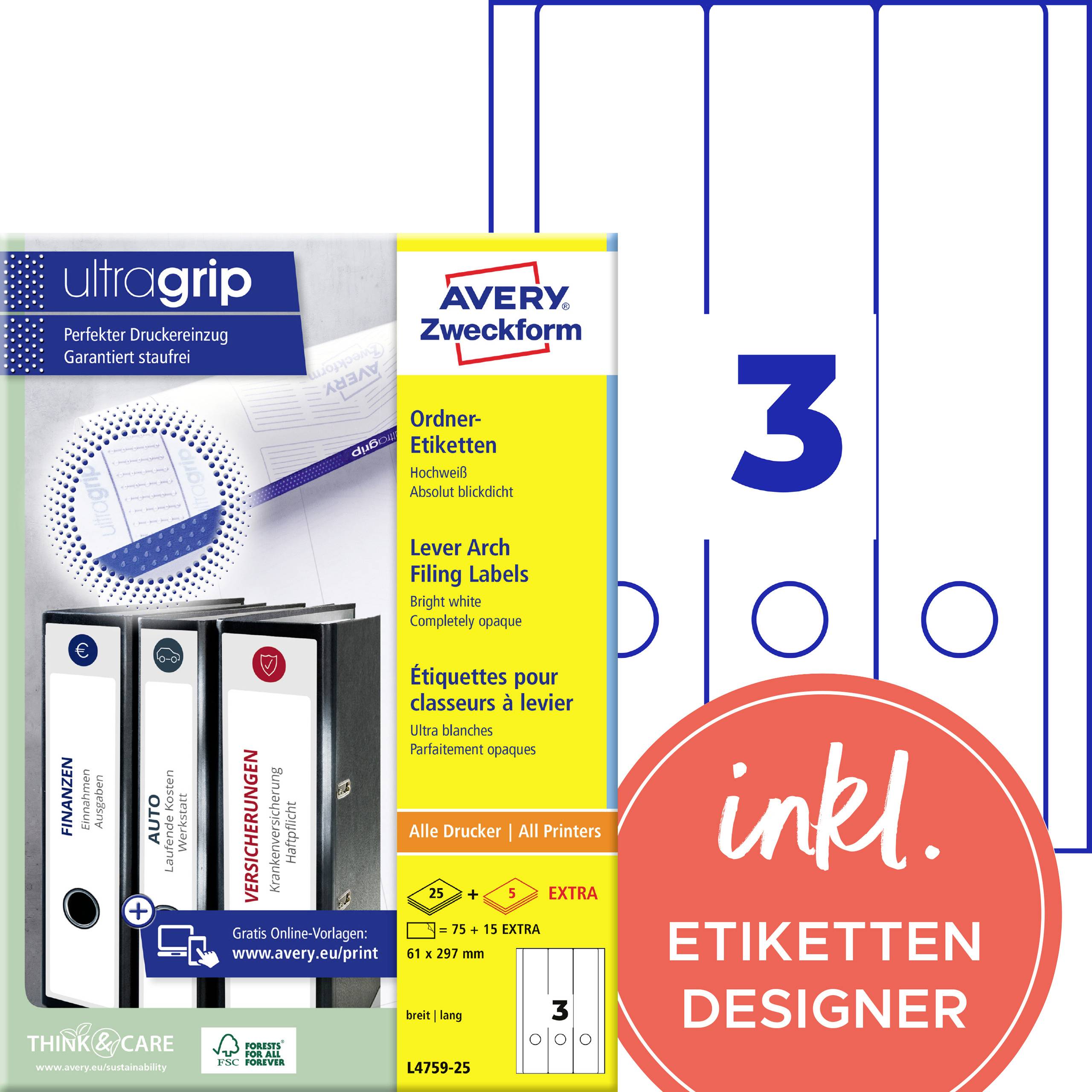 Avery Zweckform iratrendező címkék 'ultragrip' technológiával, pormentes nyomtatókhoz. Alkalmas minden nyomtatótípushoz. Méret: 61 x 297 mm.
