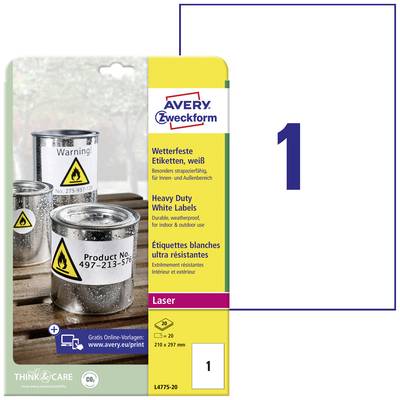 Avery-Zweckform L4775-20 Fólia címkék 210 x 297 mm Poliészter fólia Fehér 20 db Véglegesen tapadó Színes lézernyomtatás,