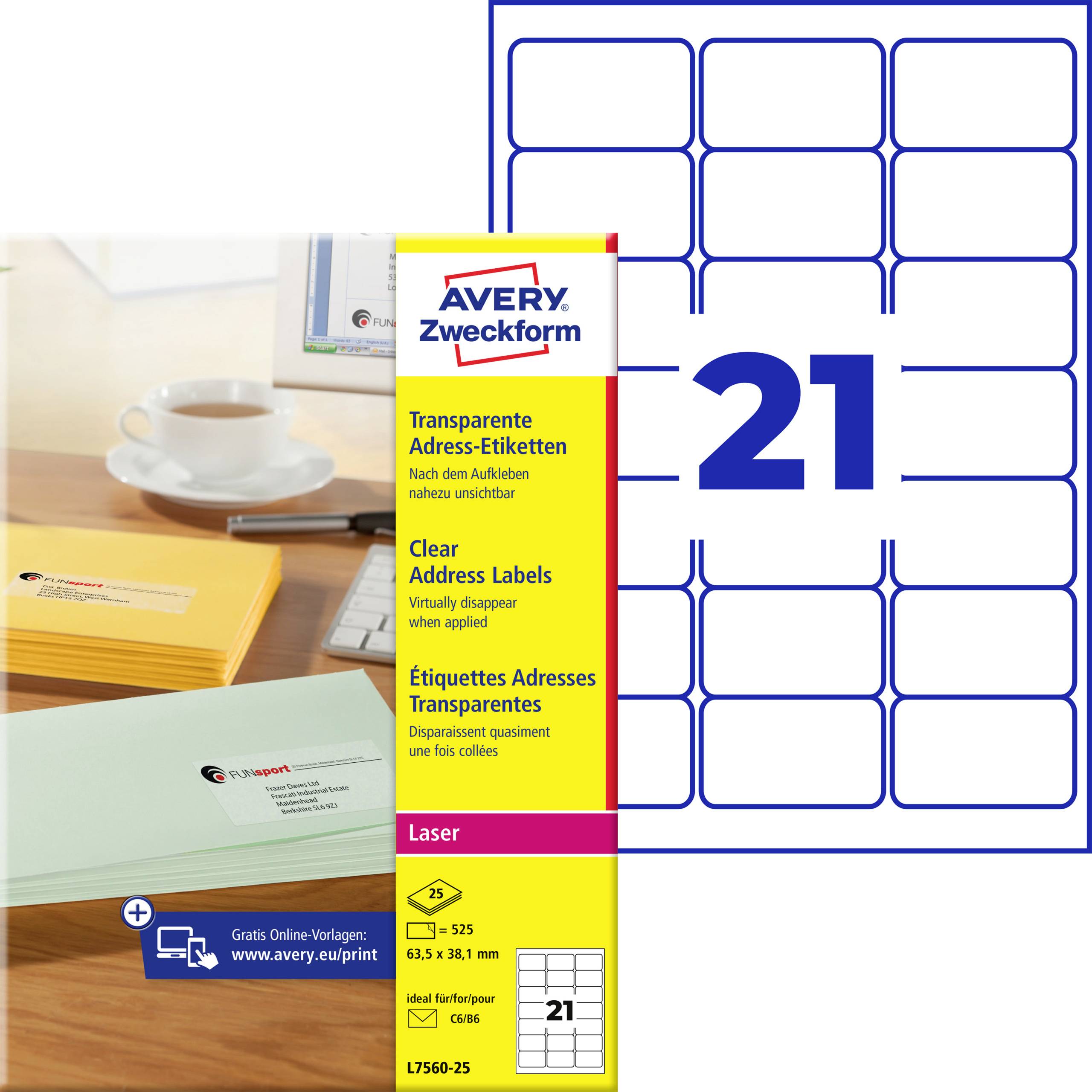 Átlátszó Avery Zweckform címkék, 63,5 x 38,1 mm, 21 címke/ív. Lézeres nyomtatókhoz alkalmas.