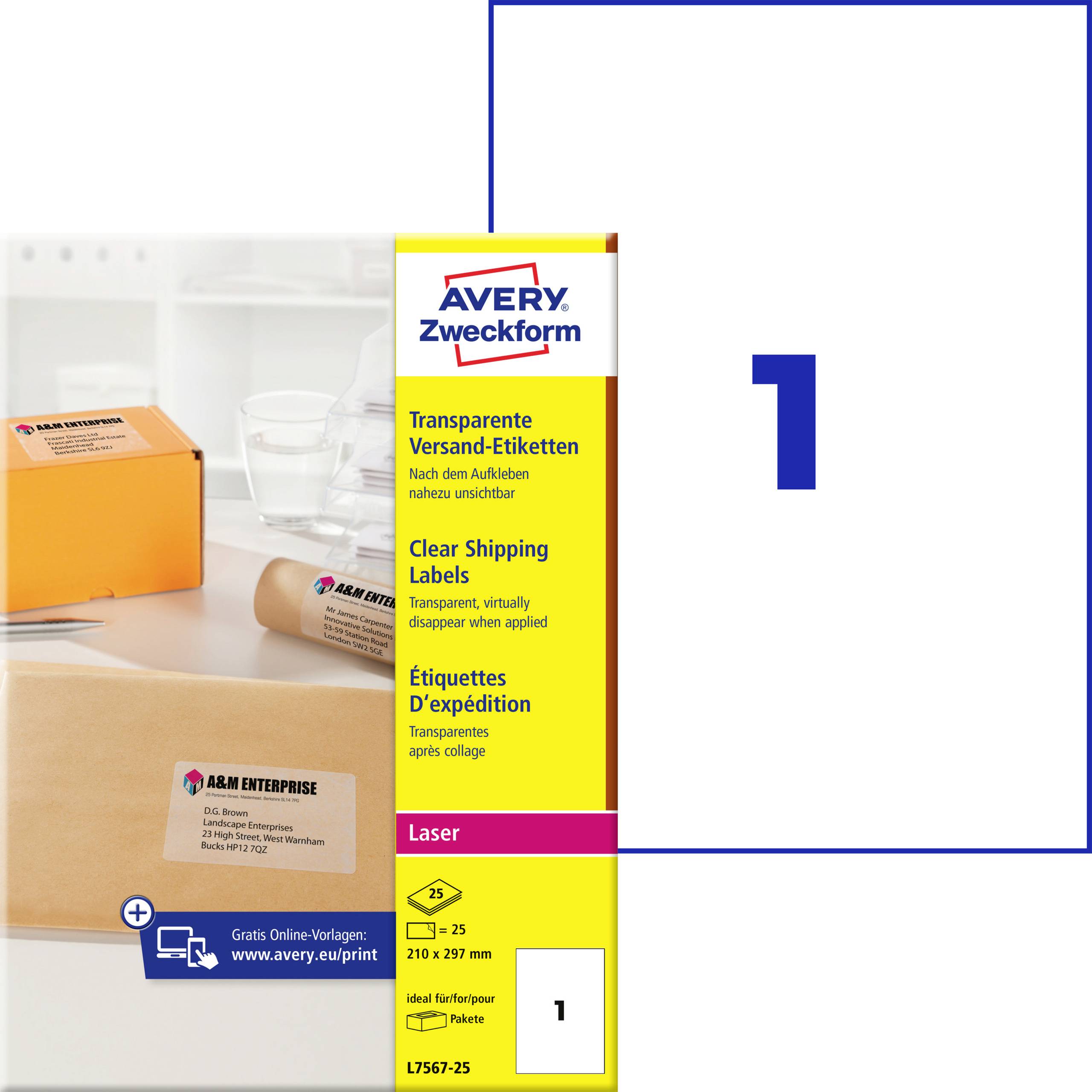 Egy AVERY Zweckform öntapadós címke csomag, átlátszó, postázáshoz, 210 x 297 mm, 1-es méret. 25 címkeívet tartalmaz.
