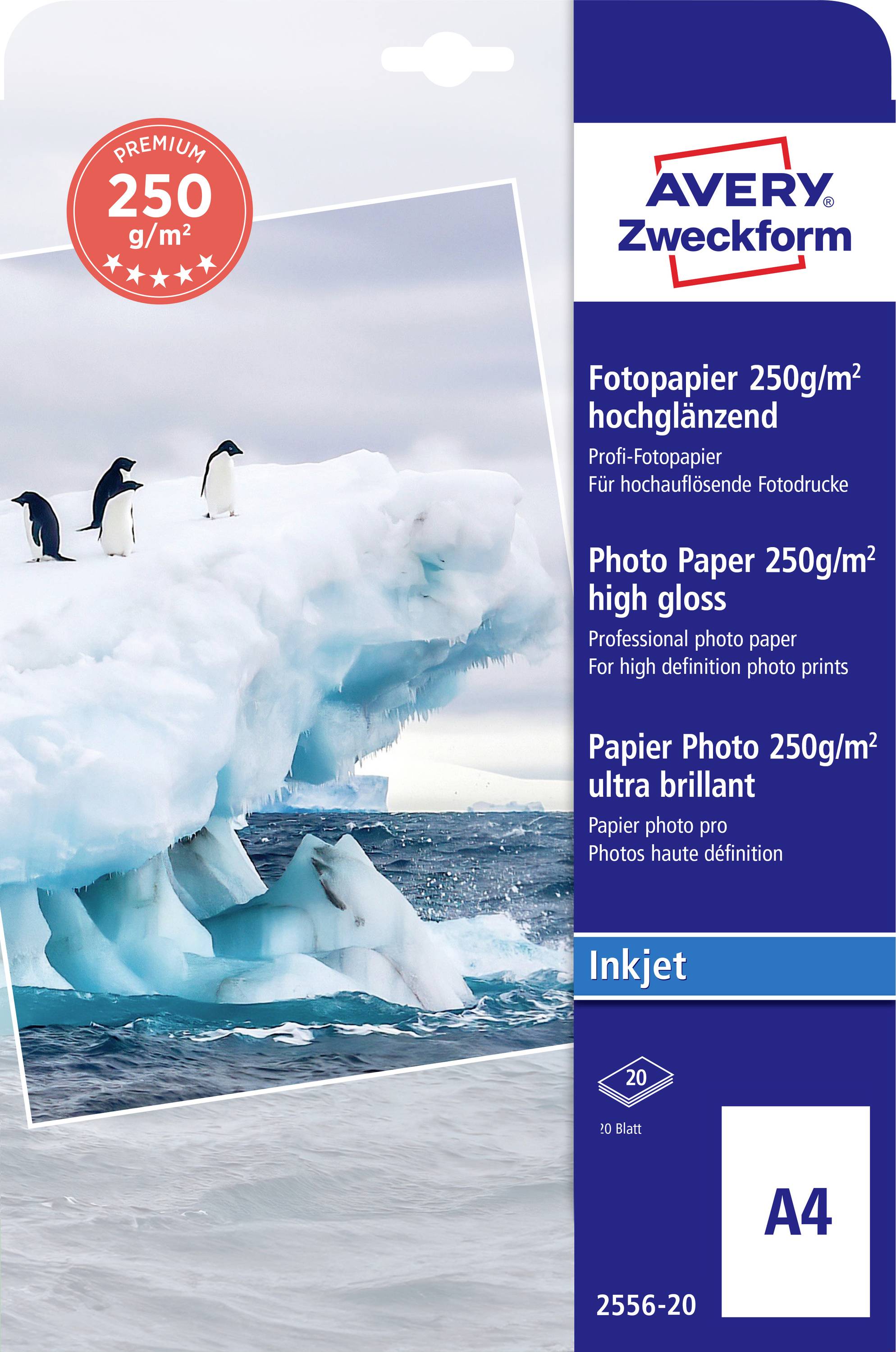 Két pingvin áll egy jéghegyen. Avery Zweckform A4-es fotópapír 250 g/m² magasfényű felülettel, kiváló minőségű fotónyomtatáshoz.