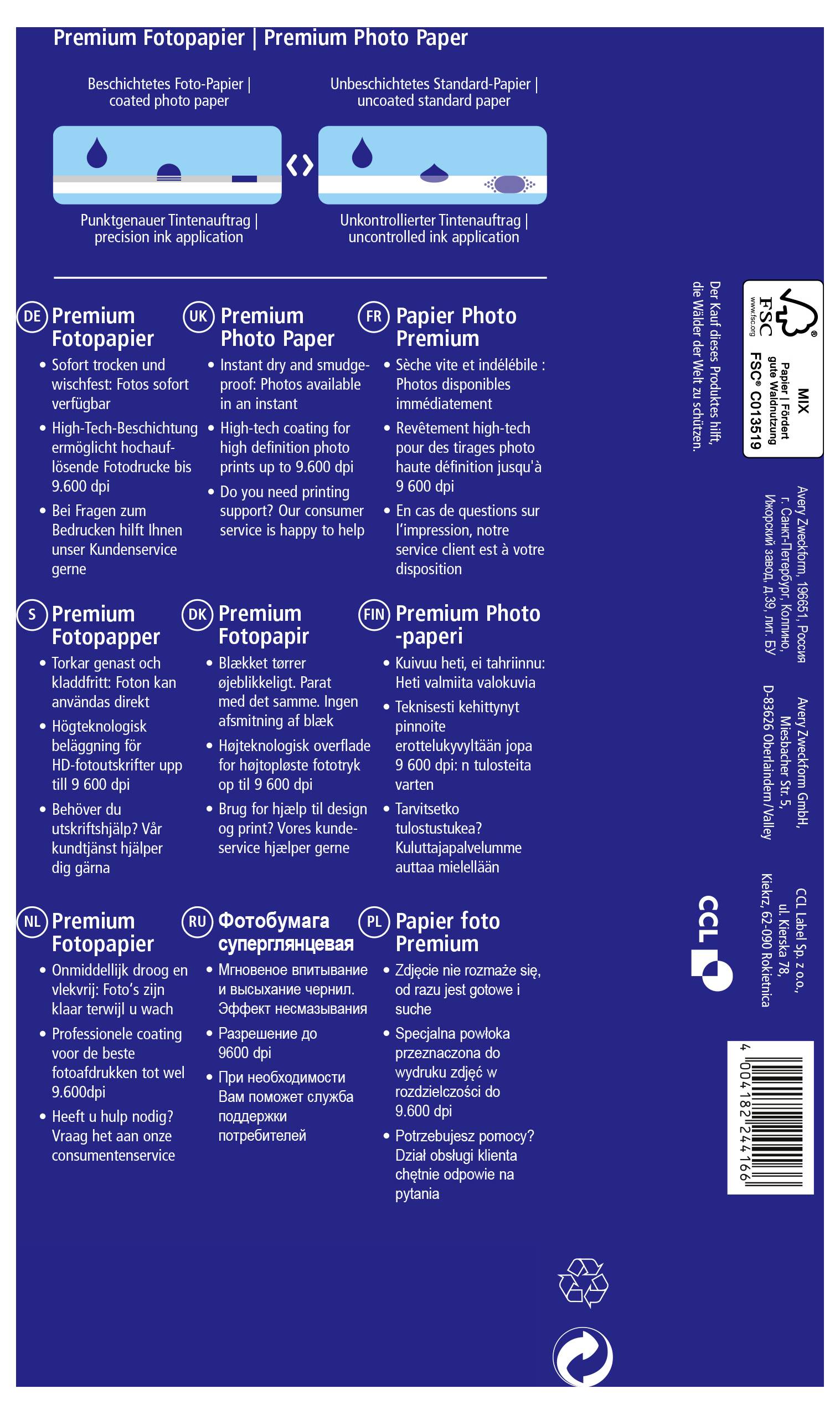 Prémium Fotópapír<br>Termékcsomag specifikációkkal német, angol, francia és orosz nyelven. Tartalmaz CO2-információkat.
