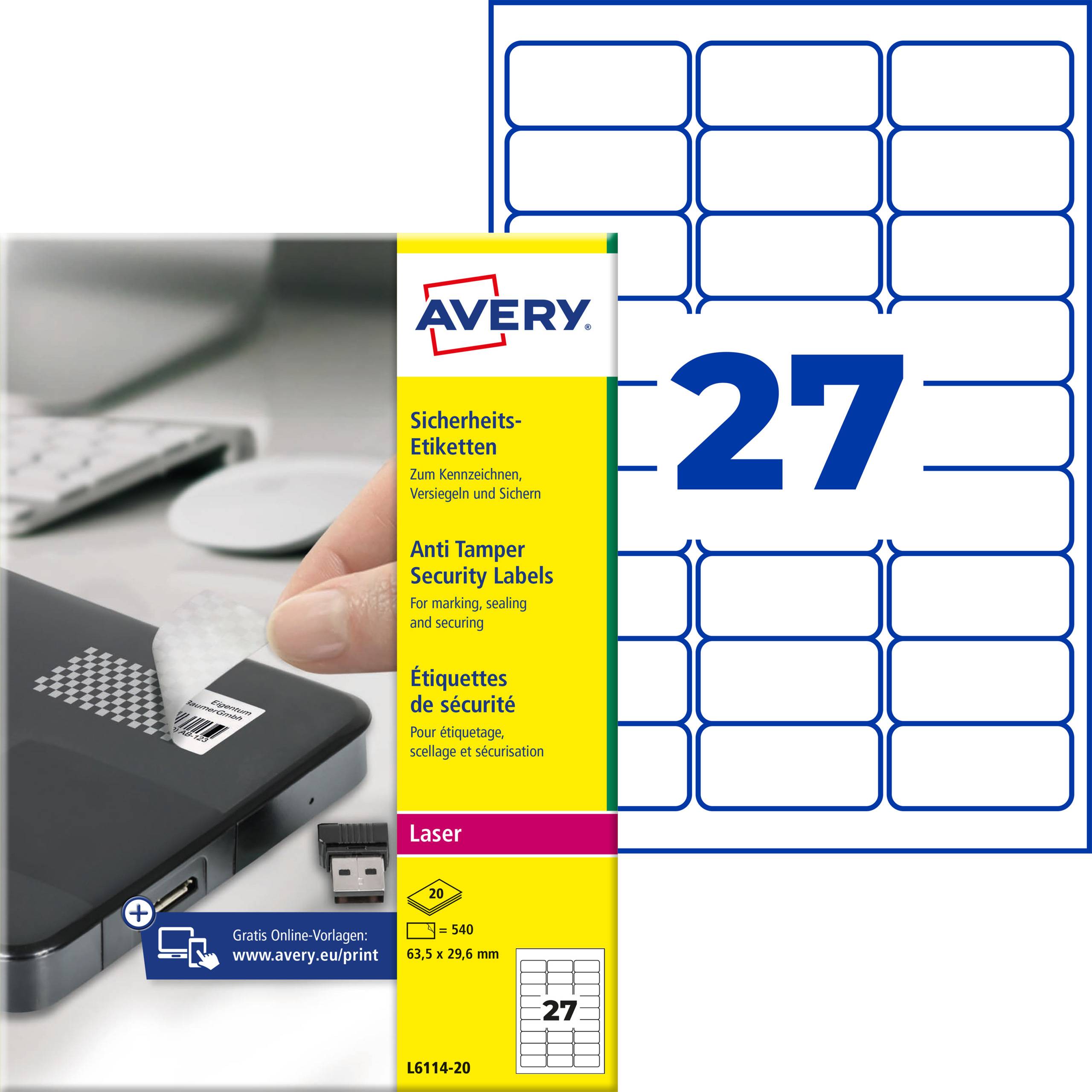 Biztonsági címkék jelöléshez, lezáráshoz és biztonságba helyezéshez. Avery Zweckform csomag laptoppal és USB-kulccsal. 27 címke.