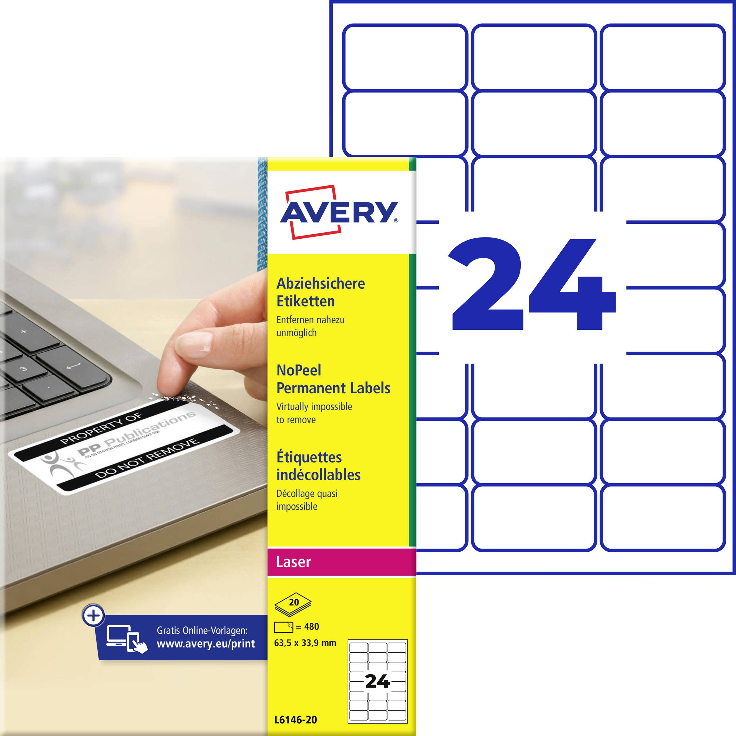 Egy Avery Zweckform eltávolítható matrica csomag lézernyomtatóhoz, amelyet egy laptopra történő felhelyezés példájával mutatnak be.