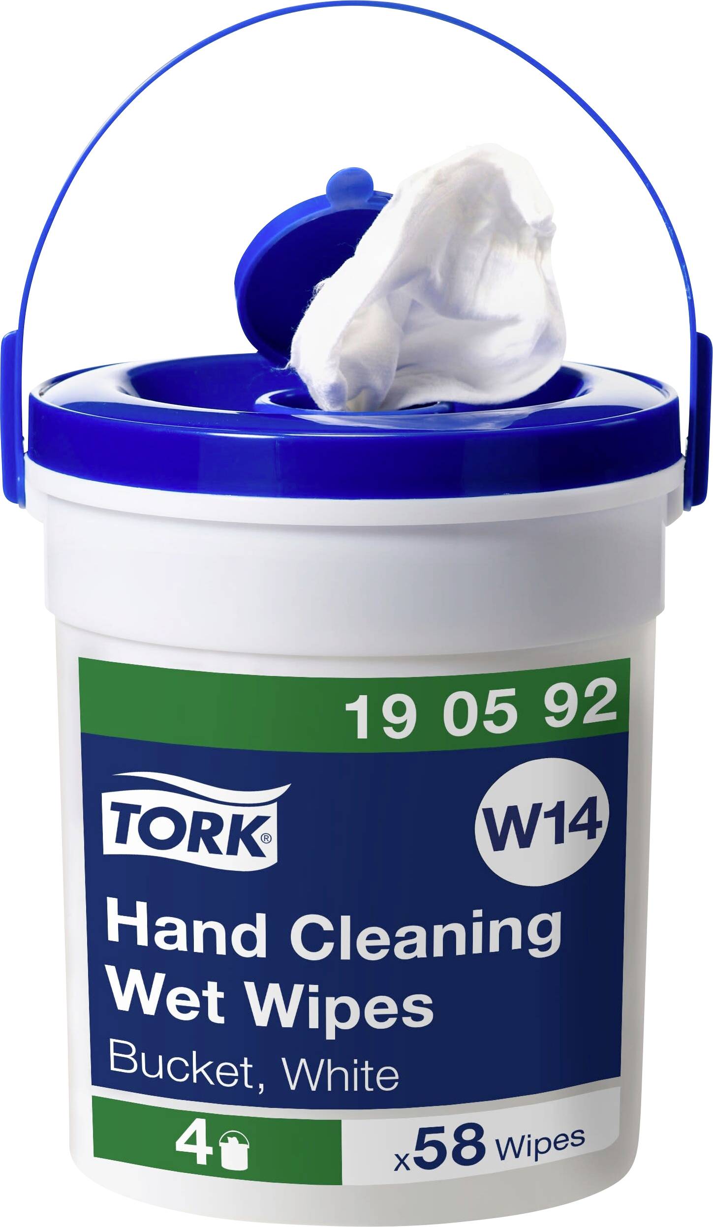 Fehér kéztörlő nedves kendőket tartalmazó, 'Tork Hand Cleaning Wet Wipes' feliratú műanyag vödör. A vödér 58 darab fehér, kéztisztító törlőkendőt tartalmaz.