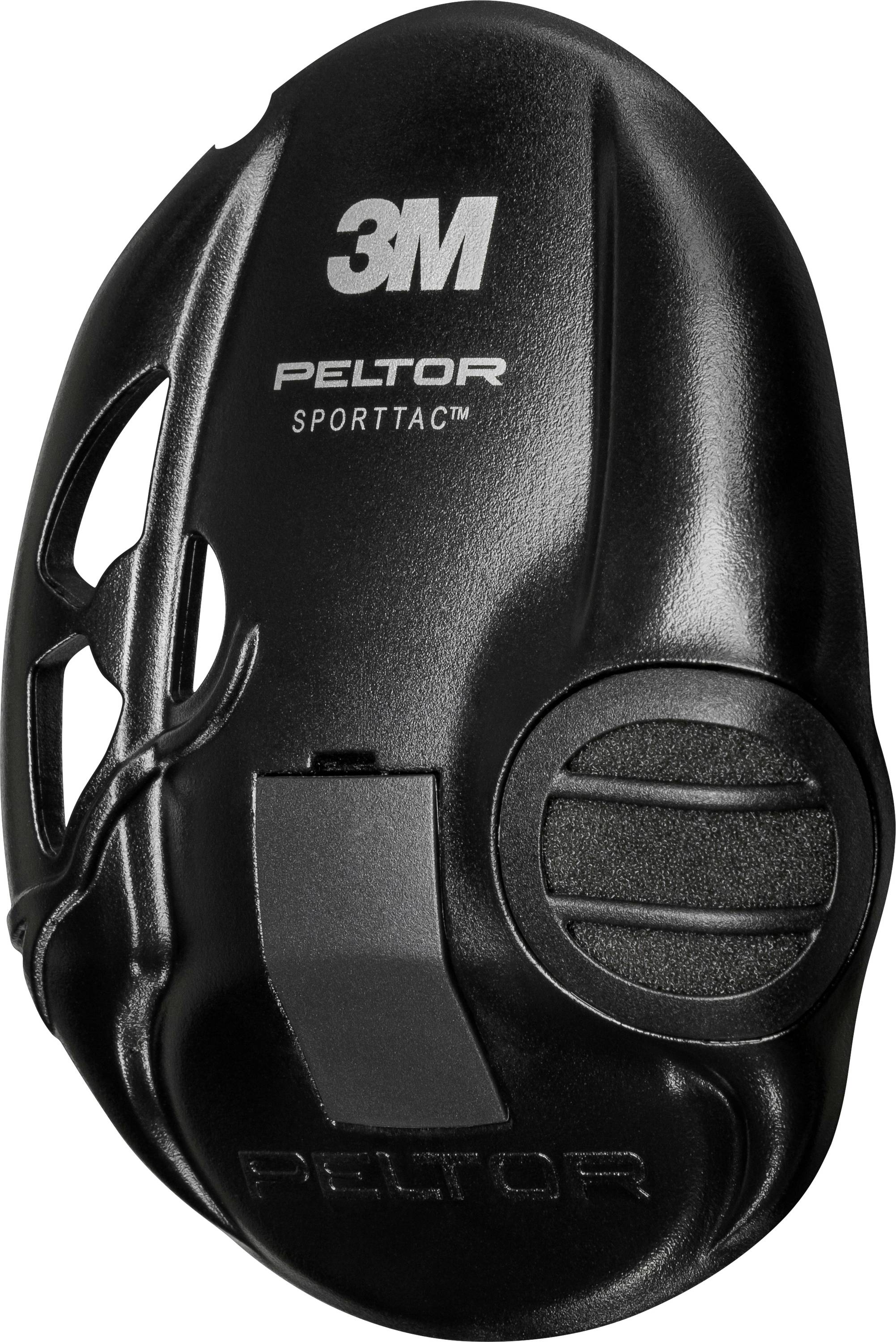 Fekete 3M Peltor SportTac hallásvédelmi fülvédő állítható fejpánttal és fülkagyló vezérlőelemekkel fehér háttéren