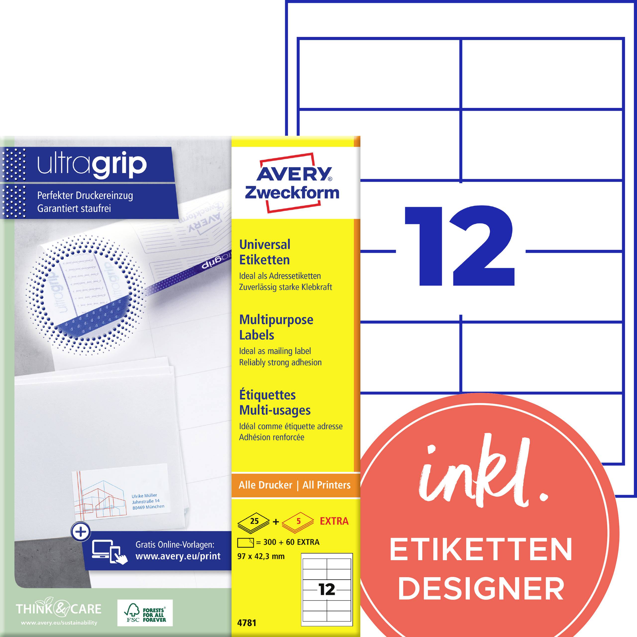 Avery Zweckform univerzális címkék UltraGrip technológiával, 12 címke oldalanként, sárga csomagolásban kék UltraGrip dizájnnal.