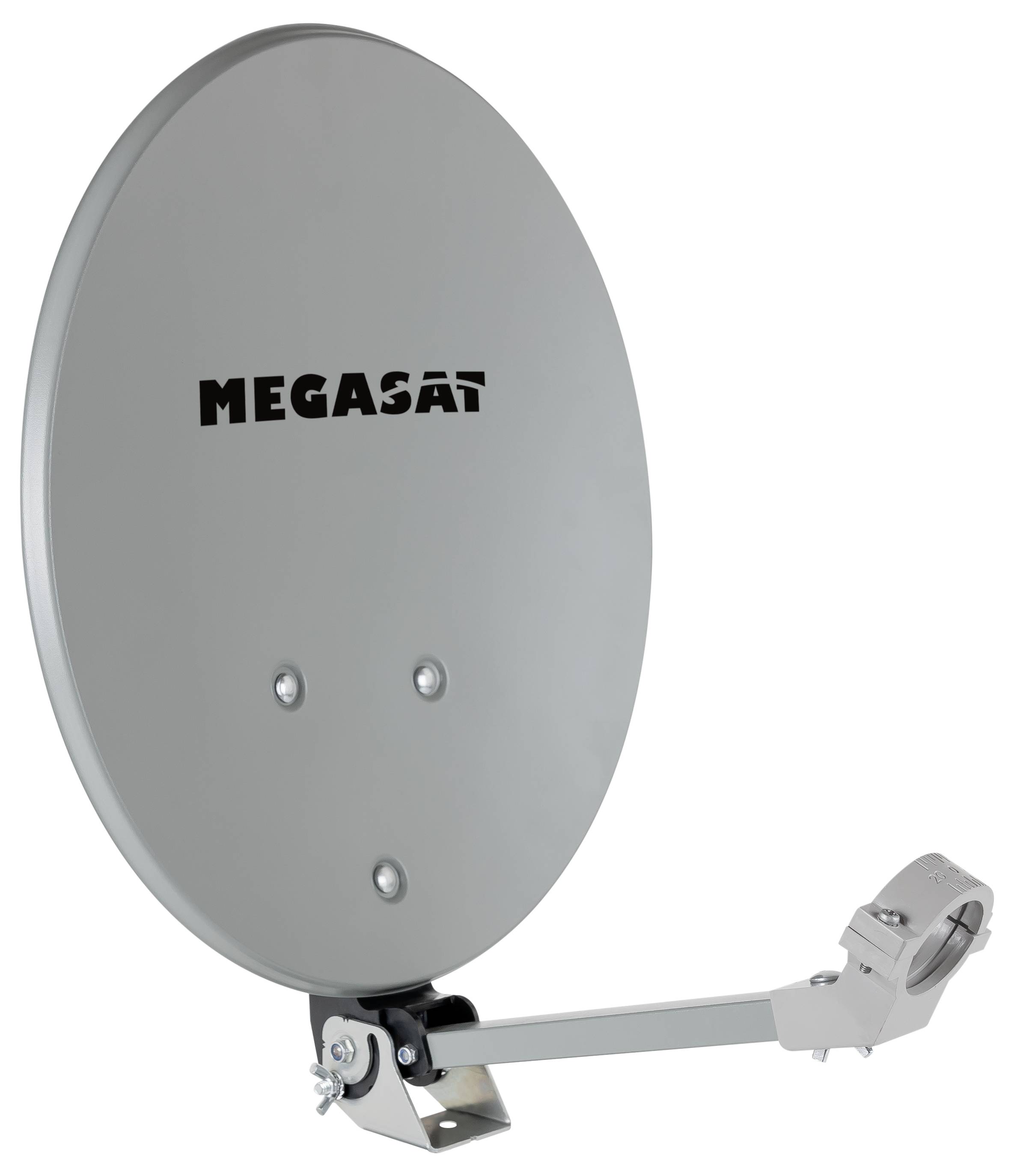 Egy szürke, "MEGASAT" feliratú műholdvevő antenna, amely egy konzolra szerelve kissé felfelé irányított szögben helyezkedik el fehér háttér előtt.