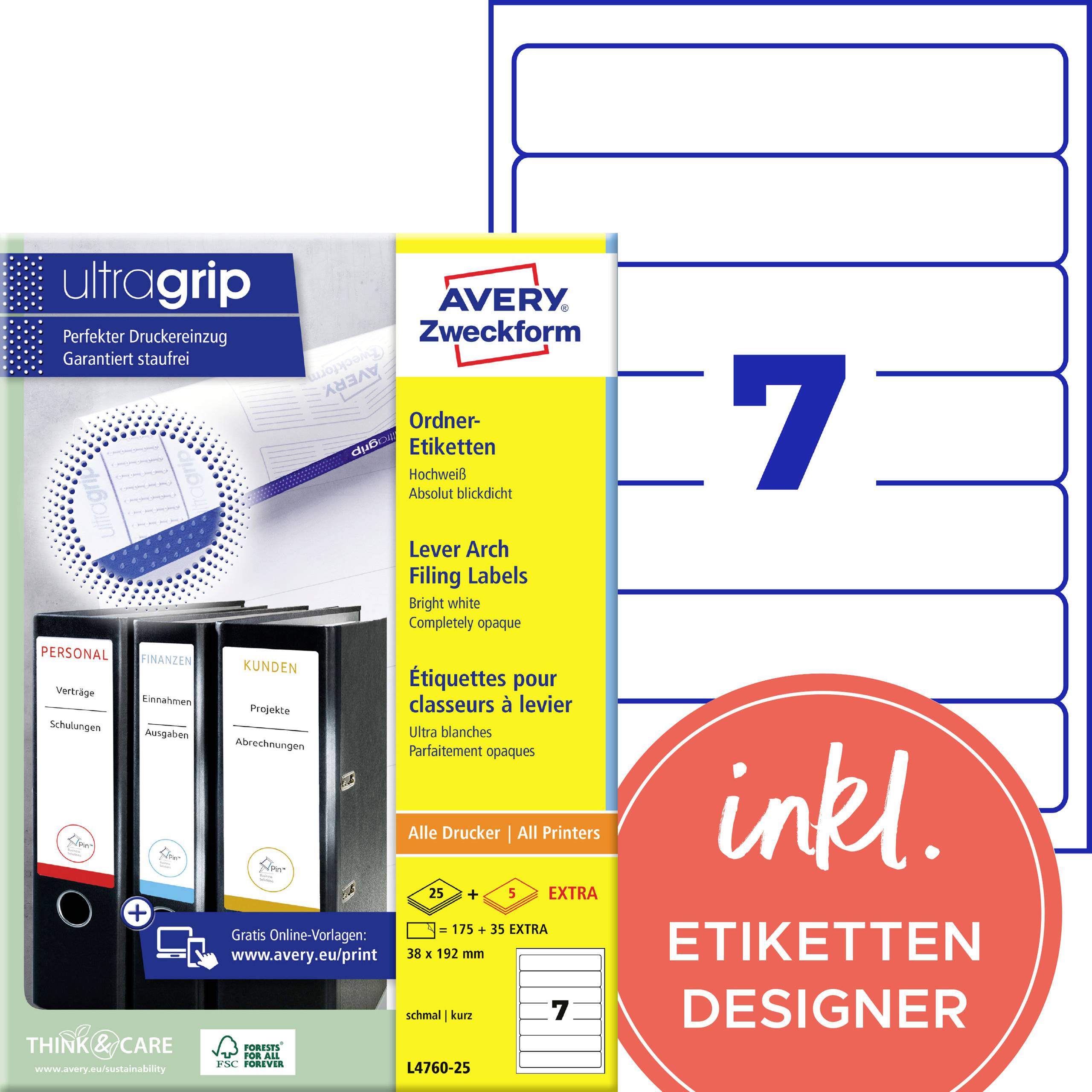 'Avery Zweckform' iratrendező-címke csomag 'ultragrip' dizájnnal. Alkalmas DIN A4 nyomtatókhoz, 40 x 175 mm-es címkék. 25 ív.