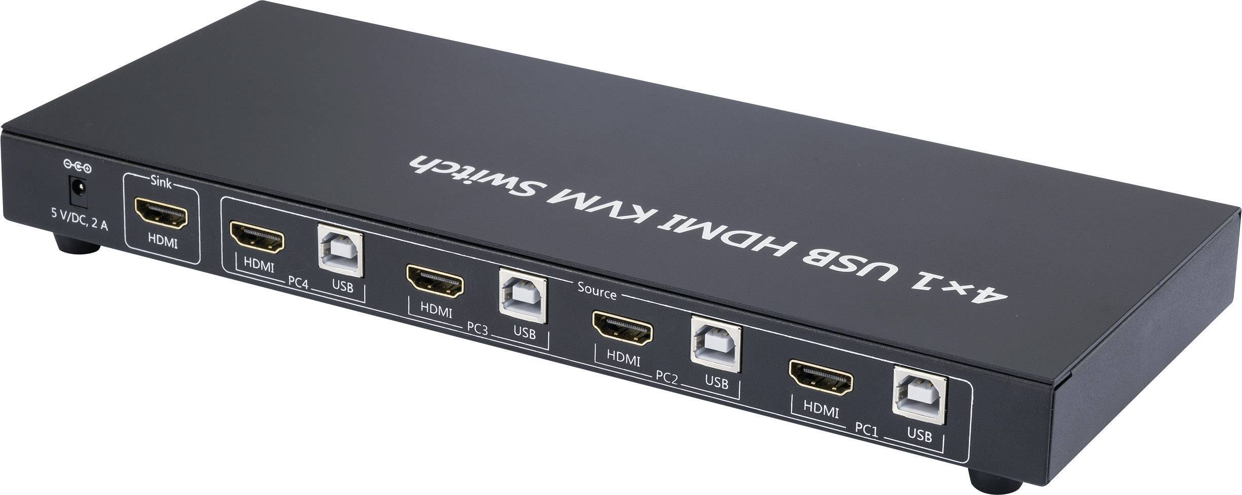 4x1 USB HDMI KVM kapcsoló 4 HDMI- és 4 USB-csatlakozóval, fekete házban, elölnézeti kialakítás.