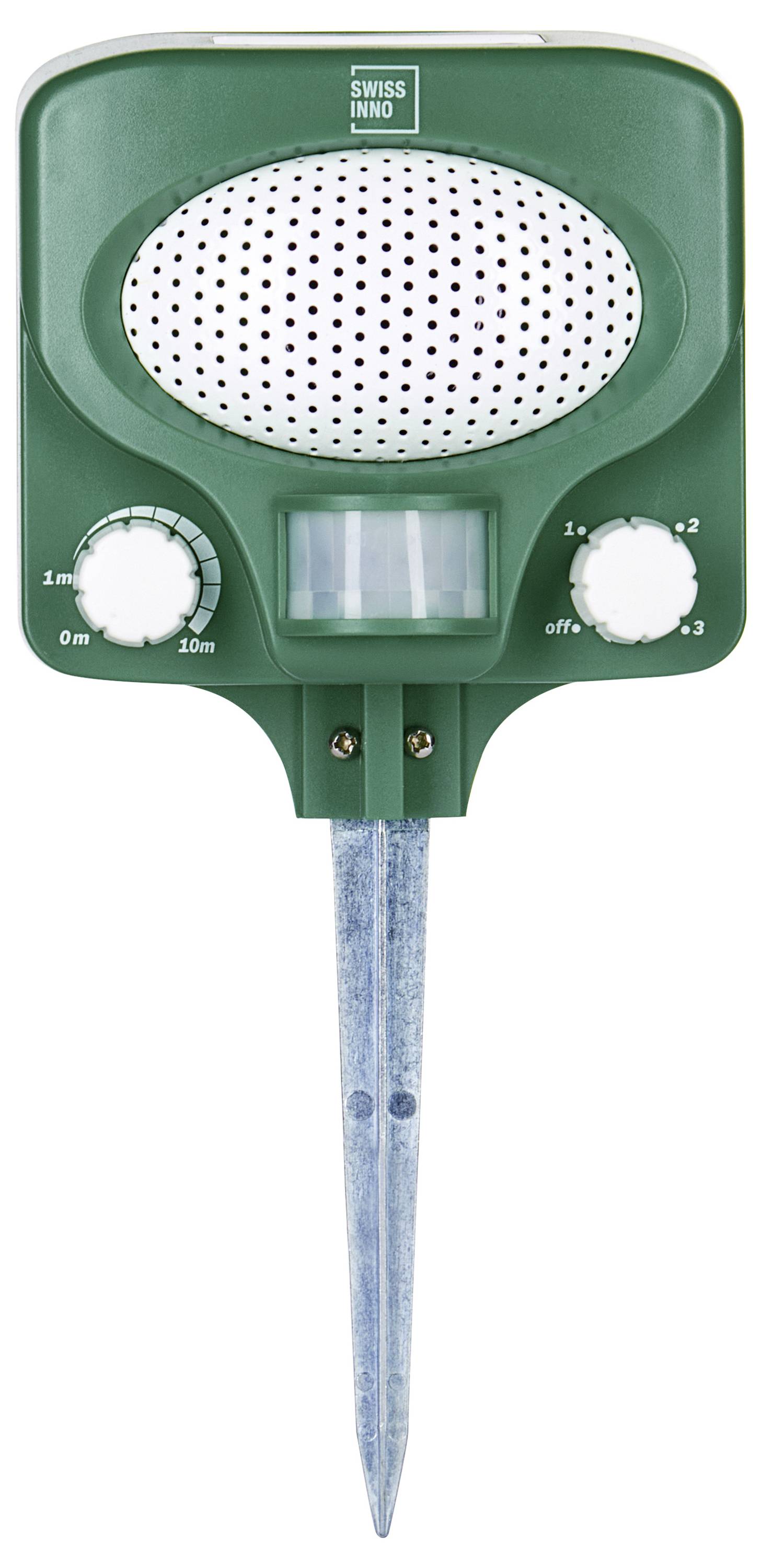 'Swissinno' ultrahangos kártevőriasztó készülék, zöld színben, talajba szúrható tüskével, állítható távolság- és frekvenciabeállításokkal.