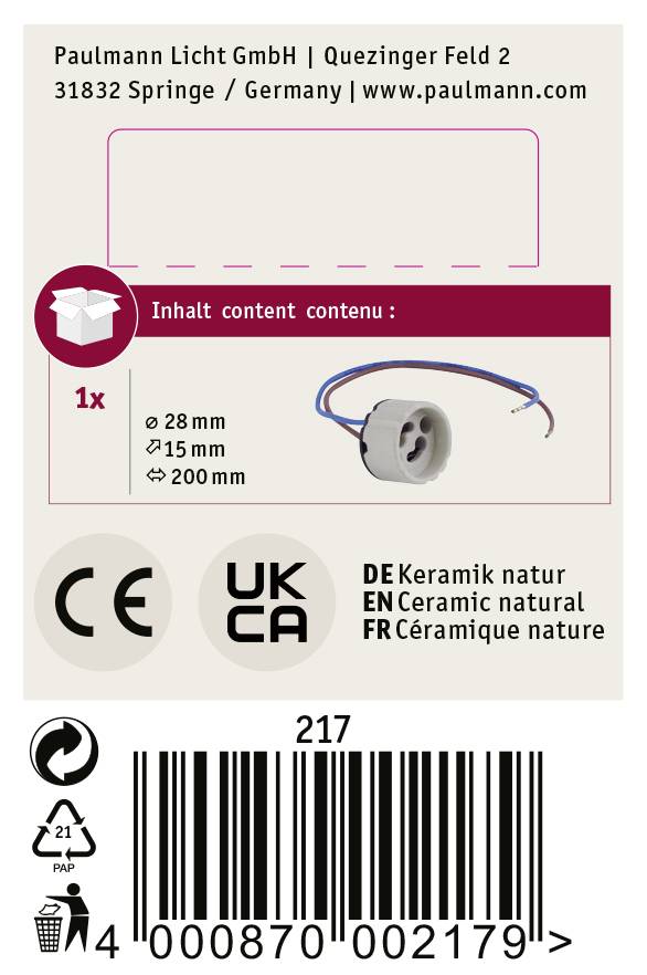 '1x Kerámia natúr, 28 mm átmérő, 15 mm magas, 200 mm kábel.' Termékcsomagolás műszaki részleteket és gyártói adatokat mutat.